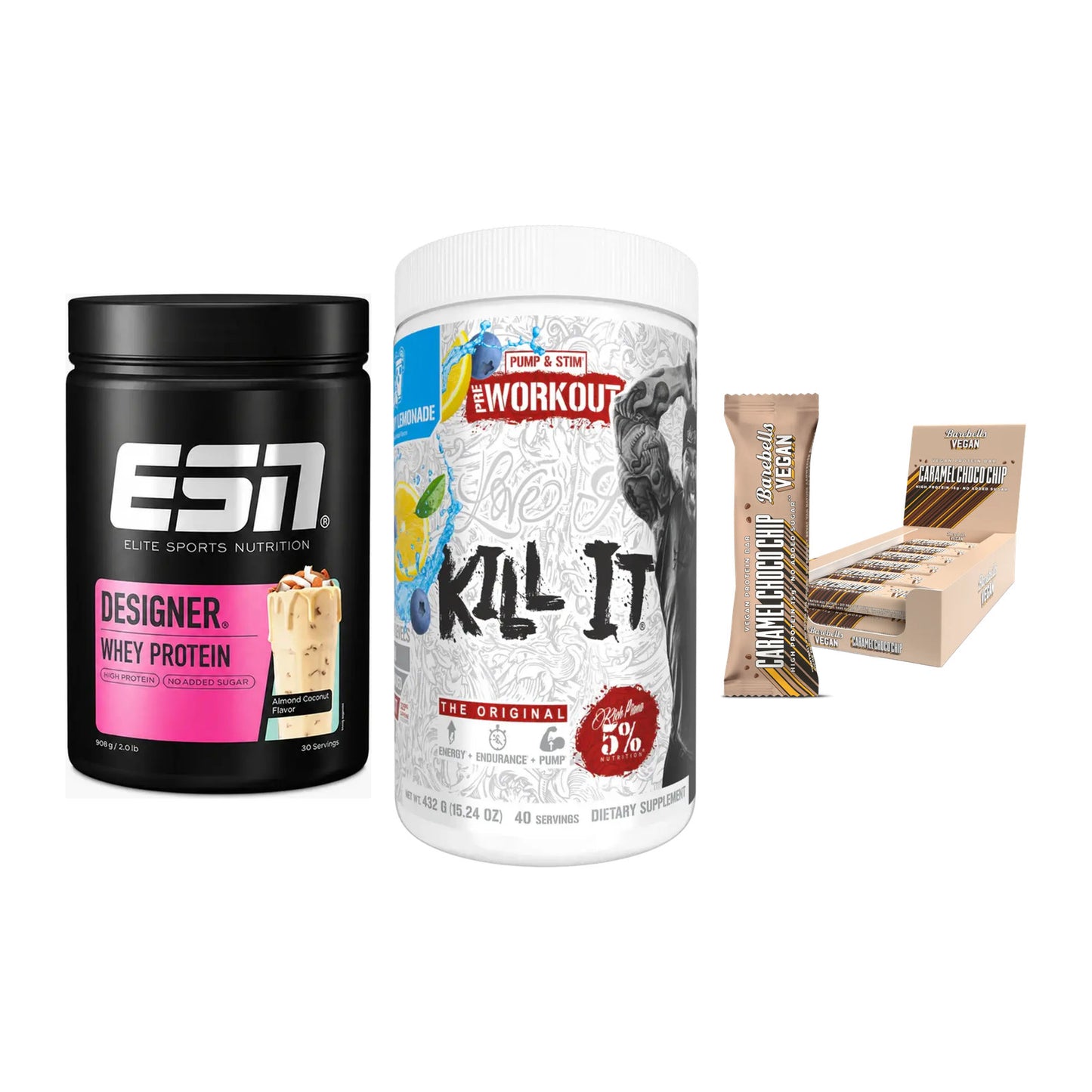Home-Gym-Starter: ESN Designer + Rich Piana 5% + 5× Barebells Vegan – alle enthaltenen Artikel