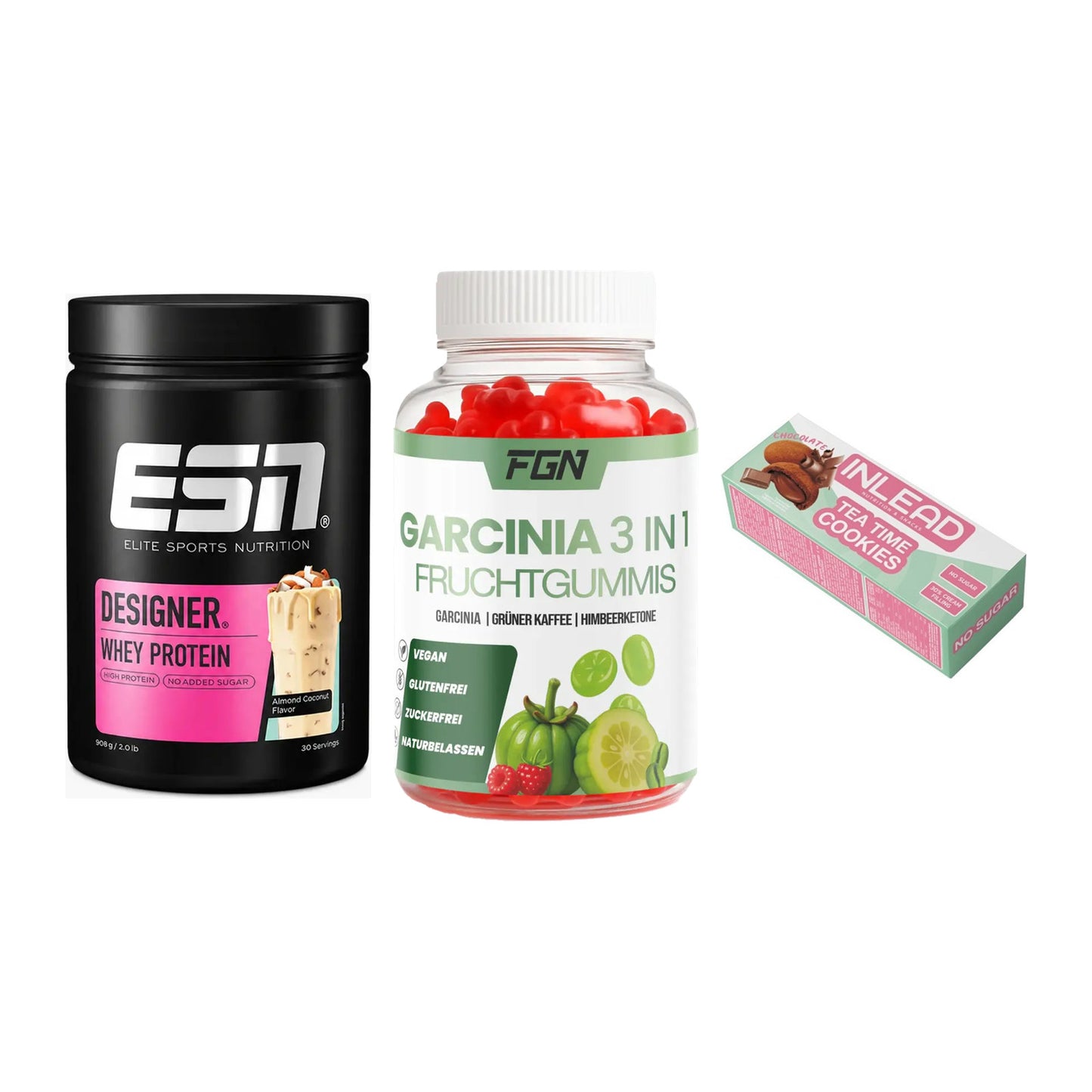 Home-Gym-Starter: ESN Designer + FGN Garcinia 60 + 5× INLEAD Tea Time – alle enthaltenen Artikel
