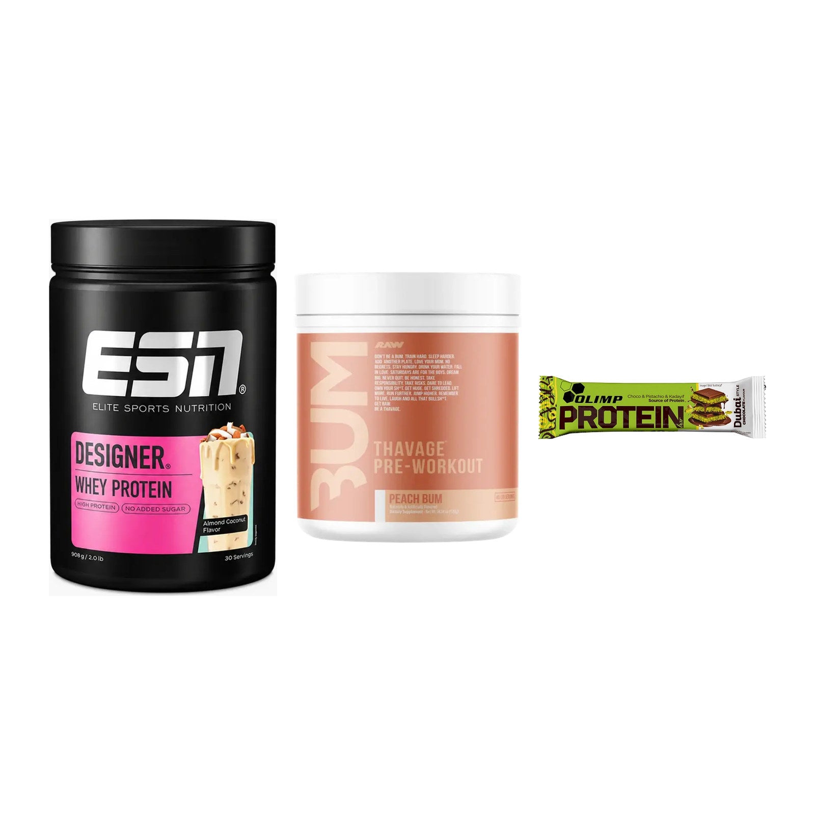Home-Gym-Starter: ESN Designer + RAW Nutrition + 5× Olimp Protein – alle enthaltenen Artikel