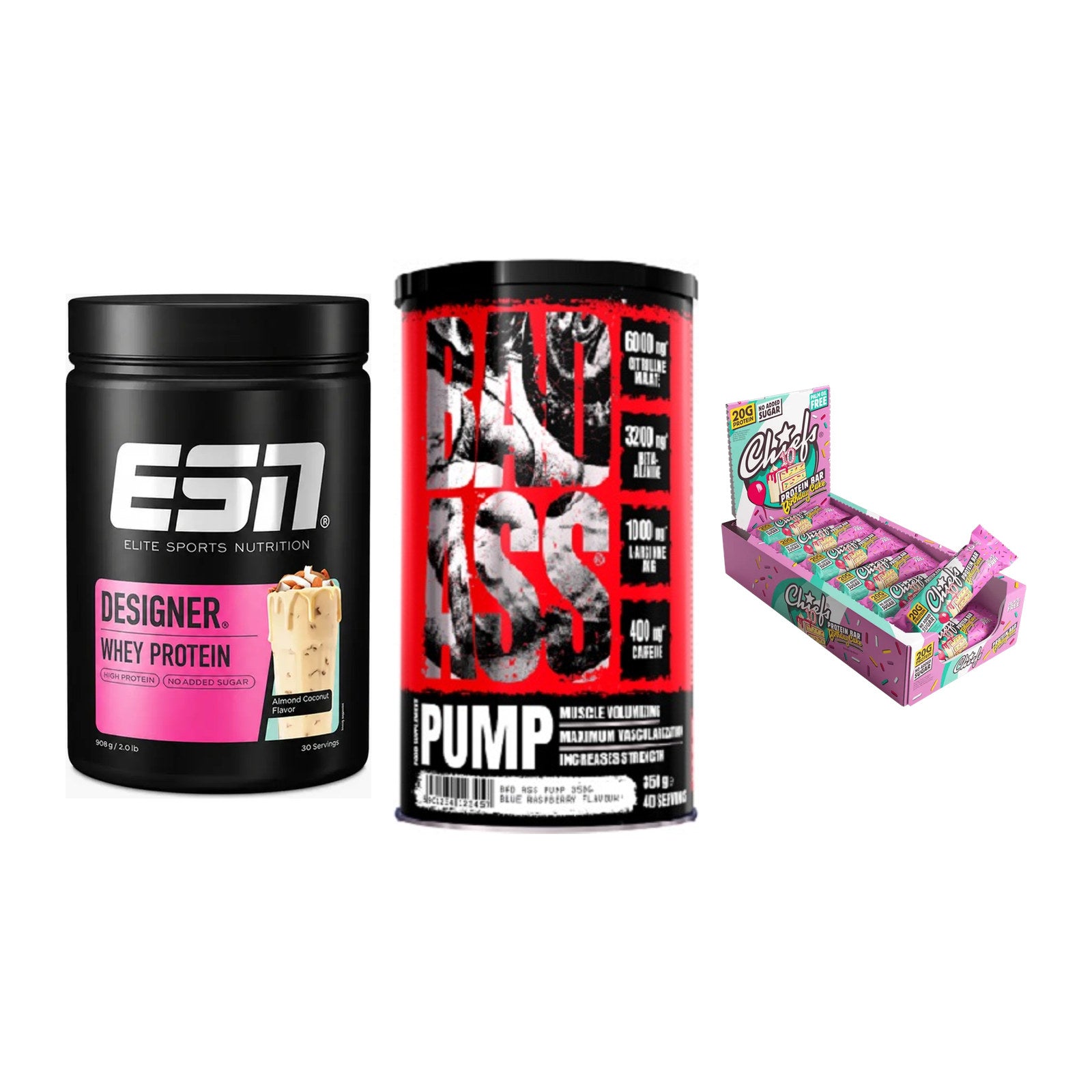 Home-Gym-Starter: ESN Designer + BAD ASS Pump + 5× Chiefs Protein – alle enthaltenen Artikel