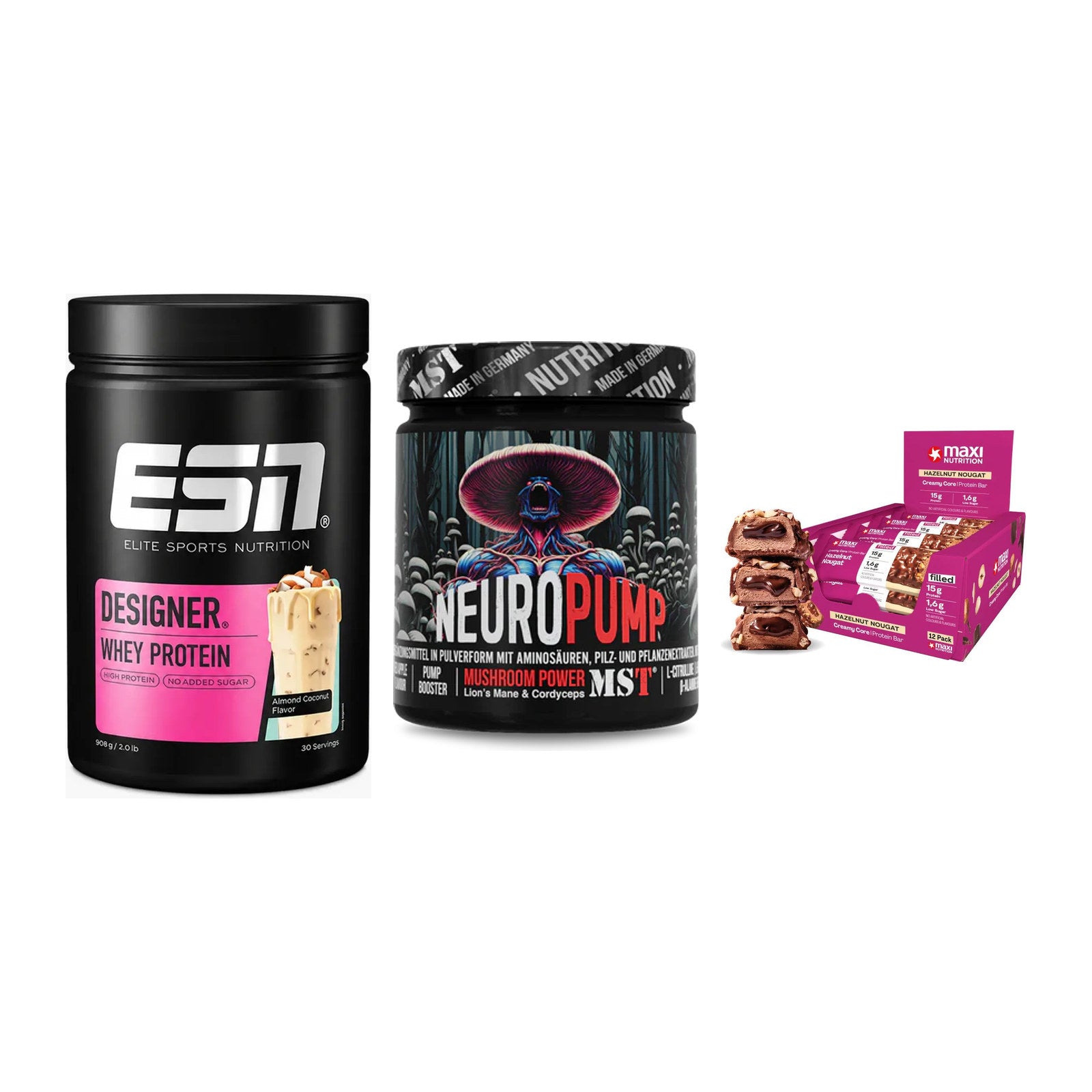 Home-Gym-Starter: ESN Designer + MST NeuroPump + 5× MaxiNutrition – alle enthaltenen Artikel