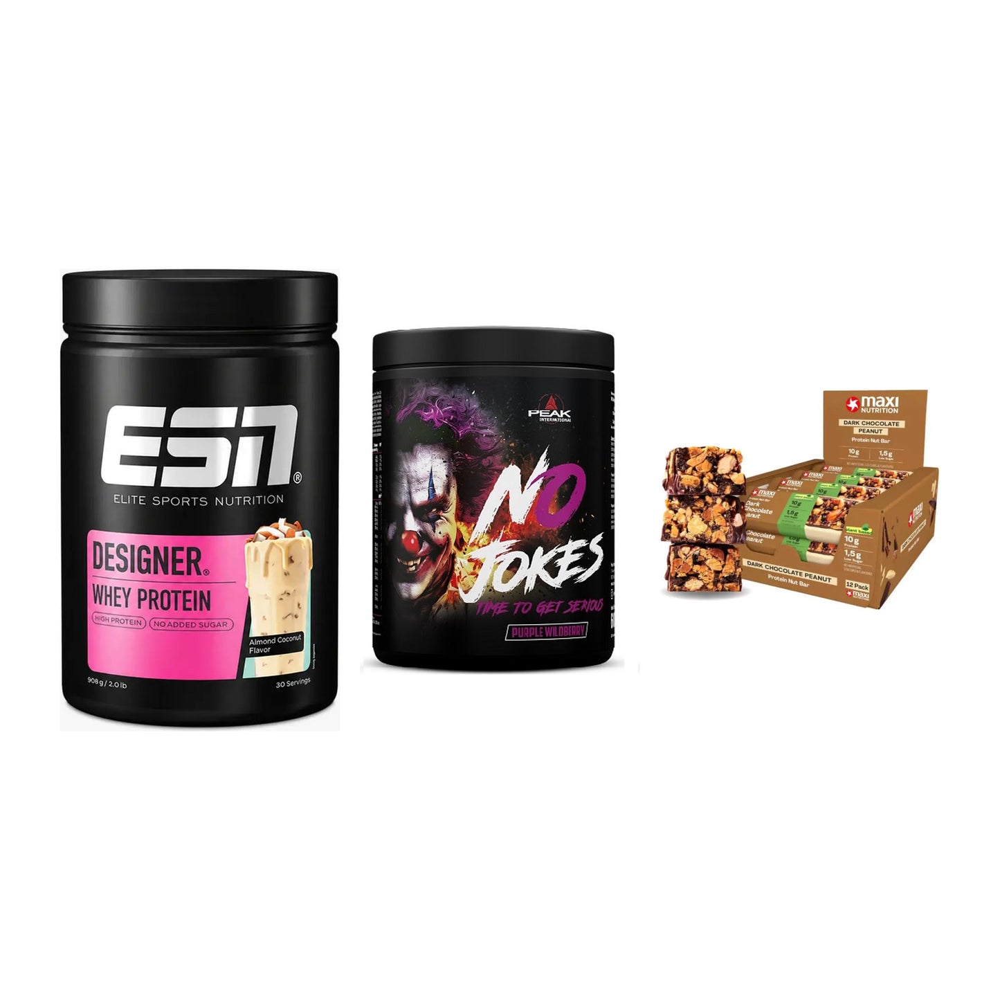 Home-Gym-Starter: ESN Designer + Peak No Jokes + 5× MaxiNutrition – alle enthaltenen Artikel