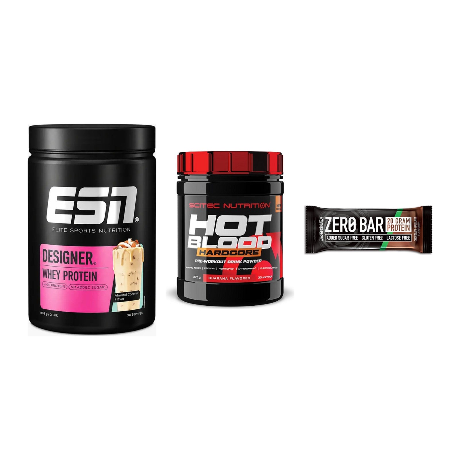 Home-Gym-Starter: ESN Designer + Scitec Hot + 5× BioTech Zero – alle enthaltenen Artikel