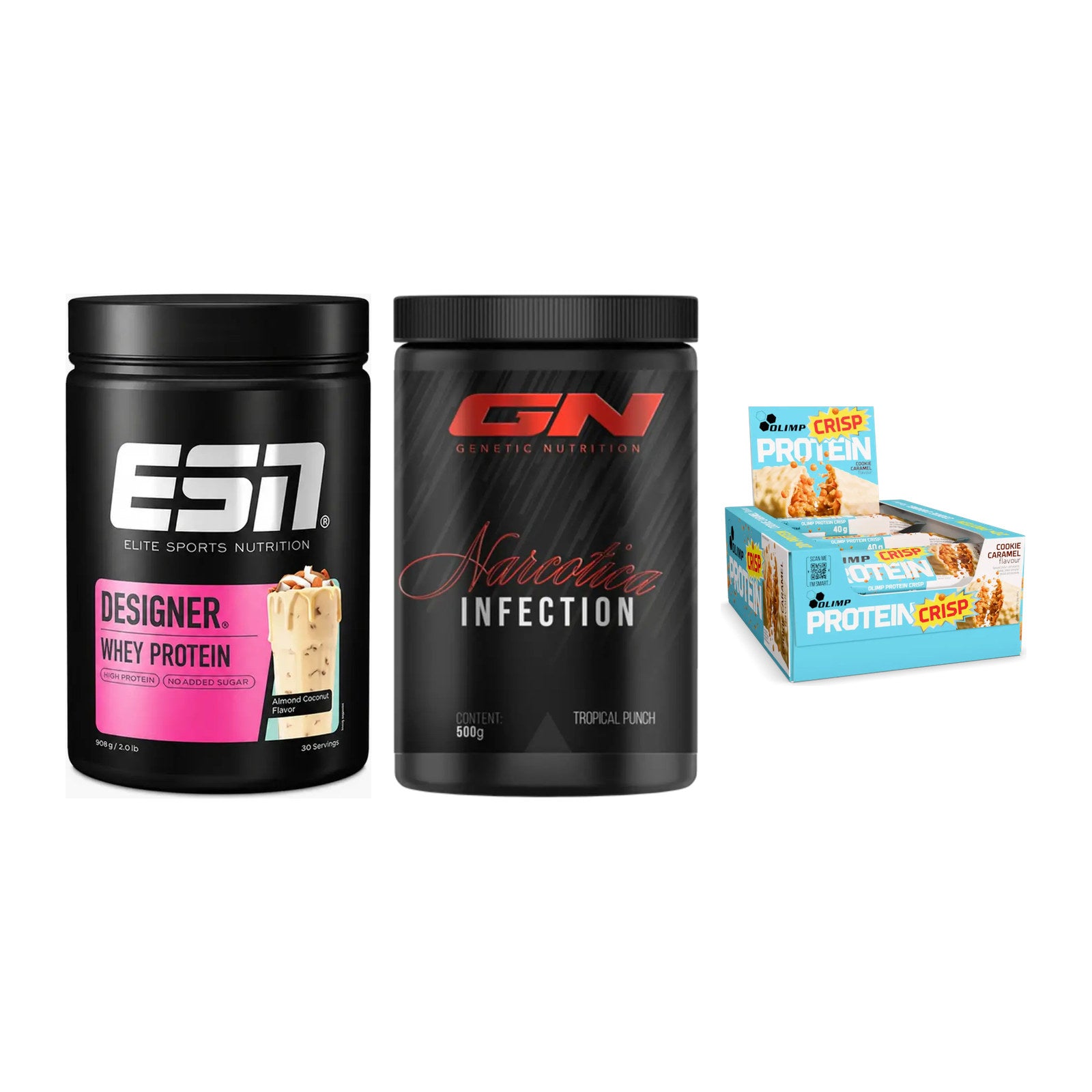 Home-Gym-Starter: ESN Designer + GN Narcotica + 5× Olimp Protein – alle enthaltenen Artikel