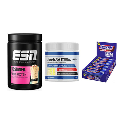 Home-Gym-Starter: ESN Designer + USP Labs Jack3d + 5× Snickers LOW – alle enthaltenen Artikel