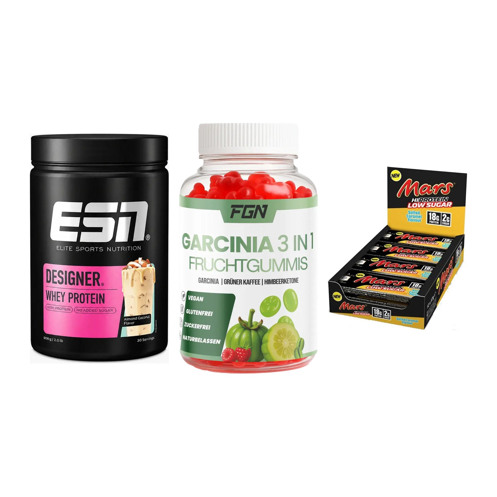 Home-Gym-Starter: ESN Designer + FGN Garcinia 60 + 5× Mars Low Sugar – alle enthaltenen Artikel
