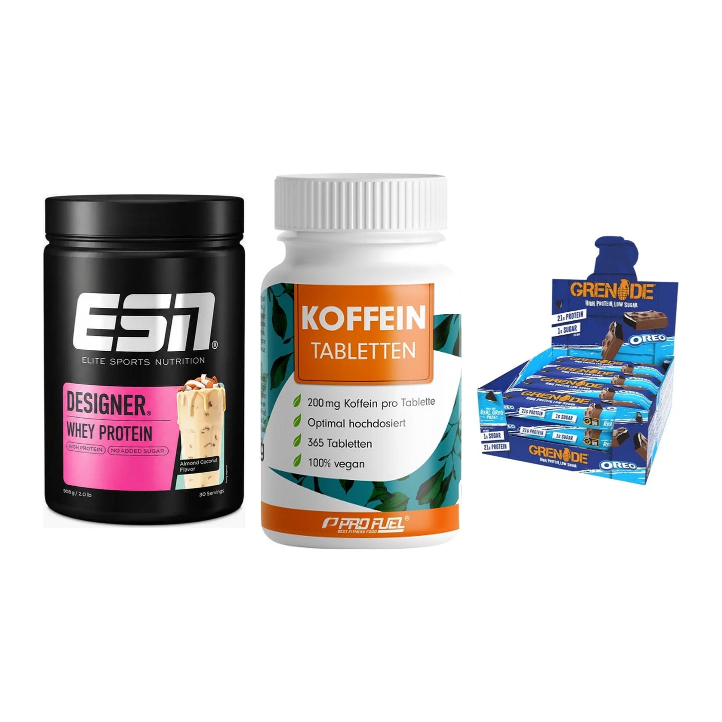 Home-Gym-Starter: ESN Designer + ProFuel Koffein + 5× Grenade Protein – alle enthaltenen Artikel