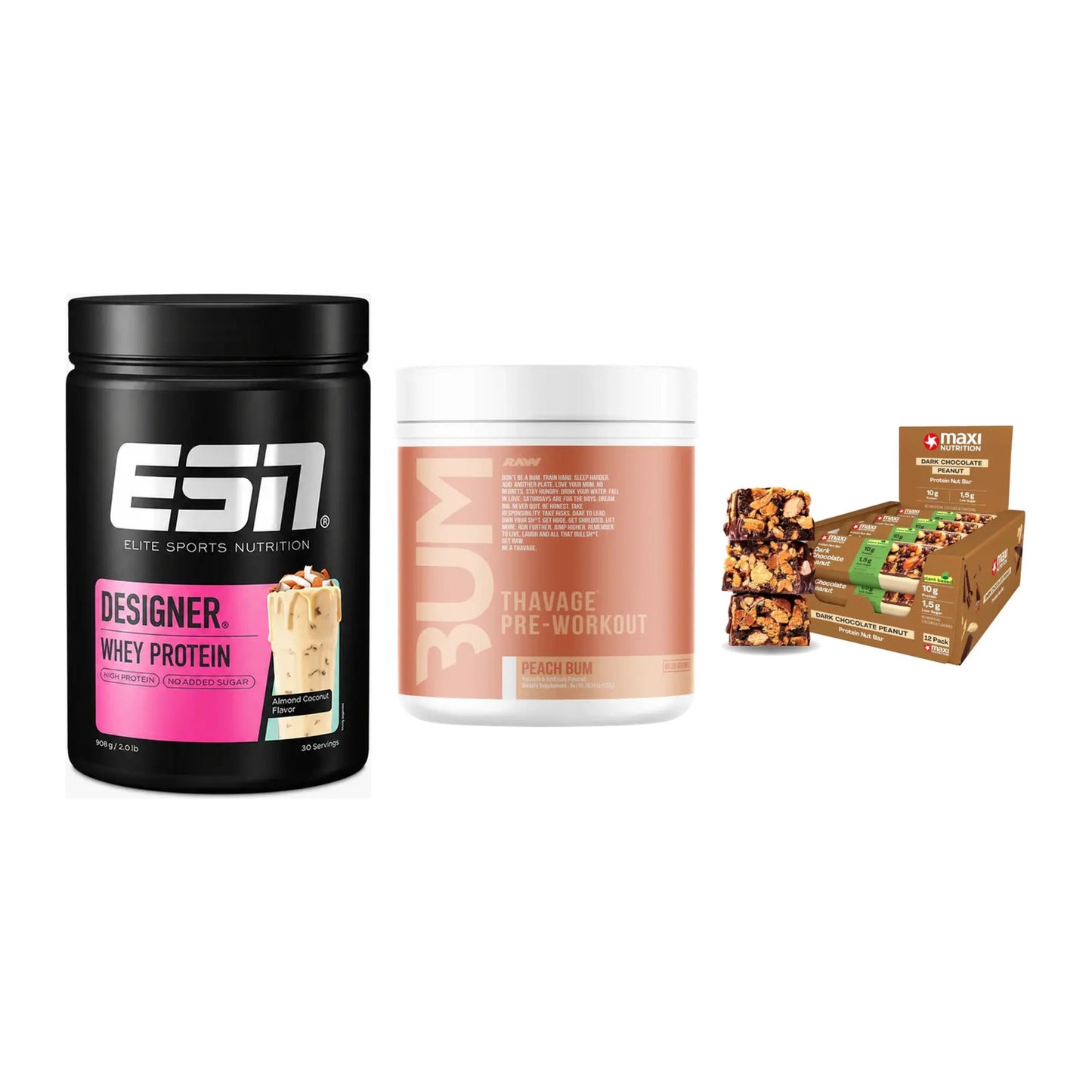 Home-Gym-Starter: ESN Designer + RAW Nutrition + 5× MaxiNutrition – alle enthaltenen Artikel