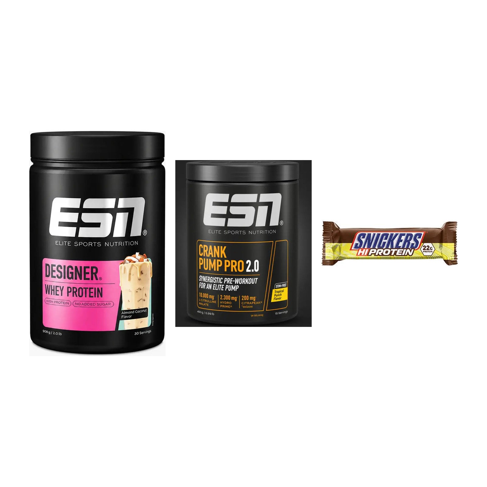 Home-Gym-Starter: ESN Designer + ESN Crank Pump + 5× Snickers High – alle enthaltenen Artikel