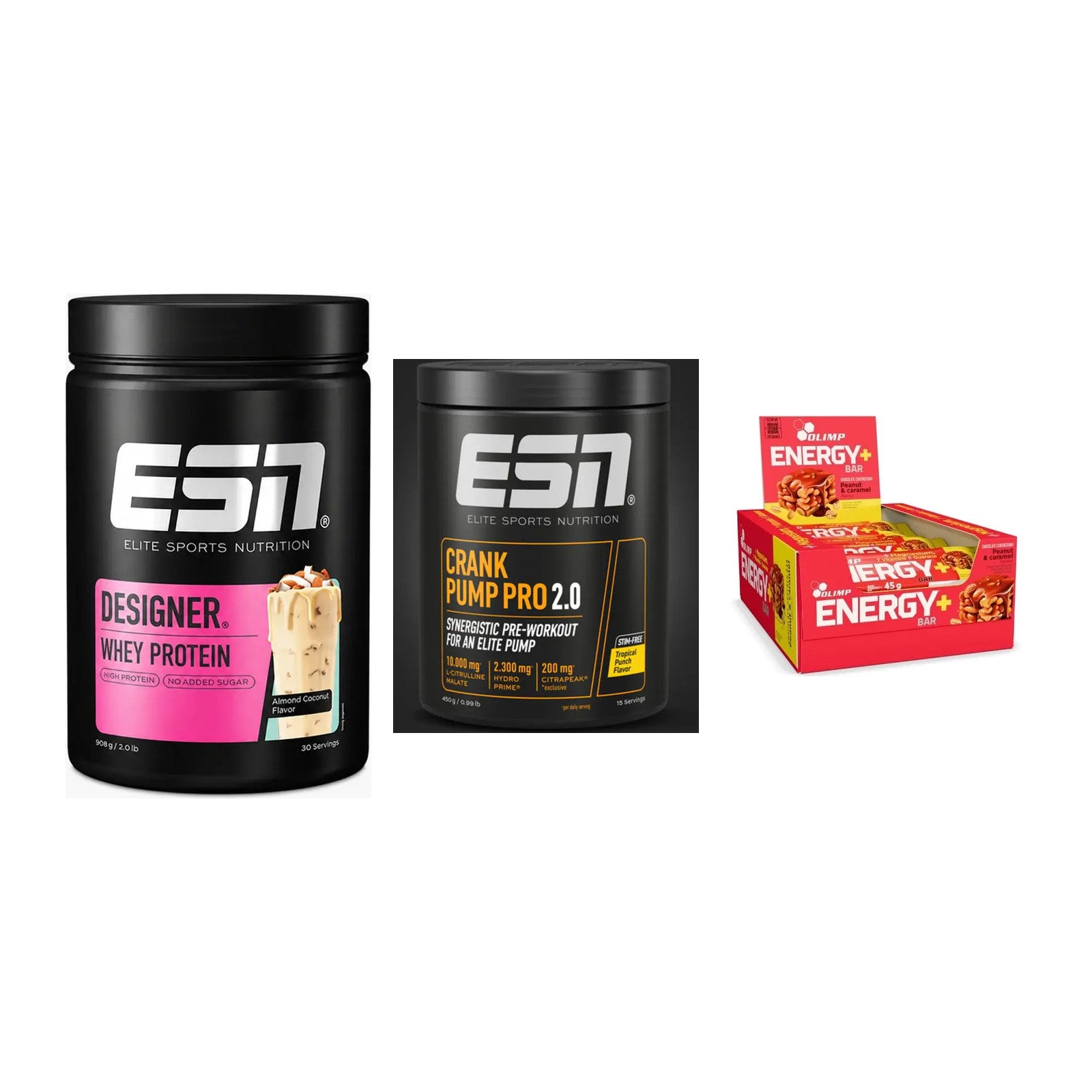 Home-Gym-Starter: ESN Designer + ESN Crank Pump + 5× Olimp Energy – alle enthaltenen Artikel