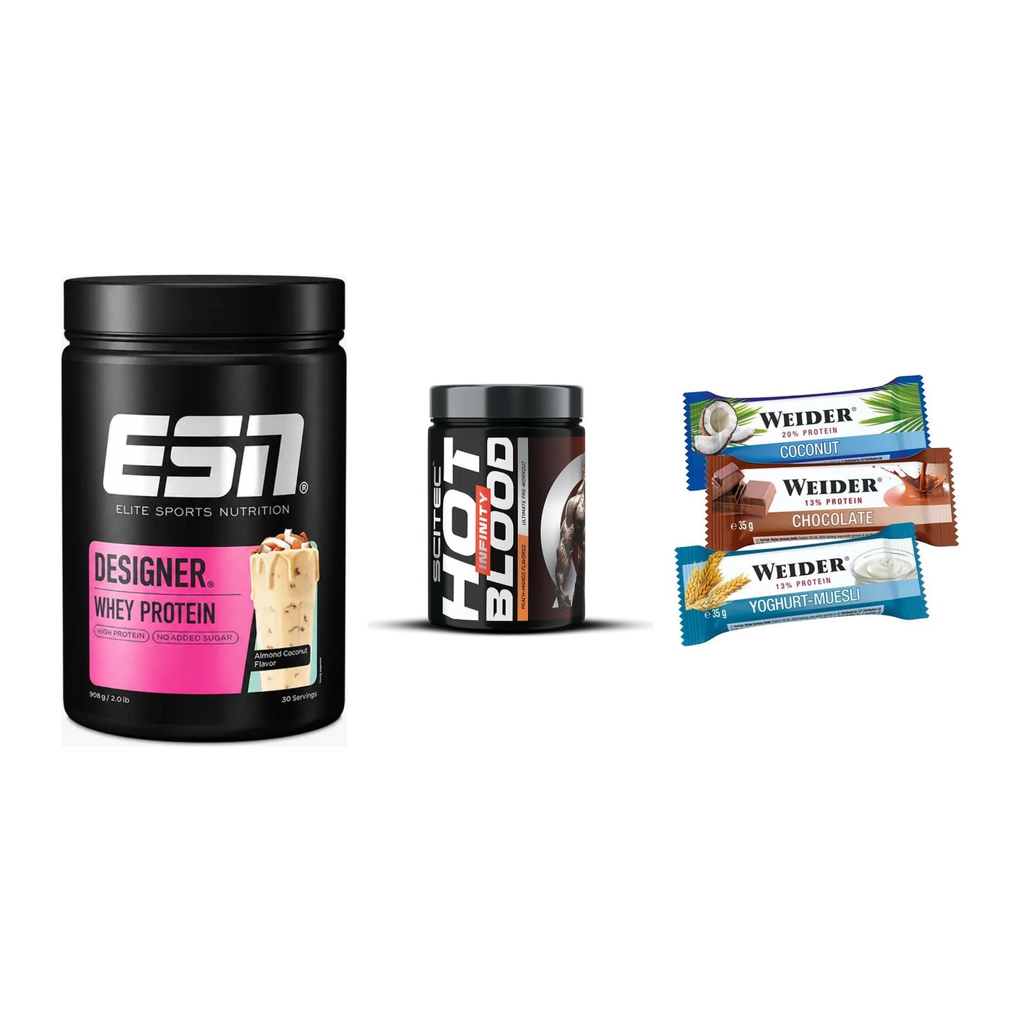 Home-Gym-Starter: ESN Designer + Scitec Hot + 5× Weider BAR – alle enthaltenen Artikel