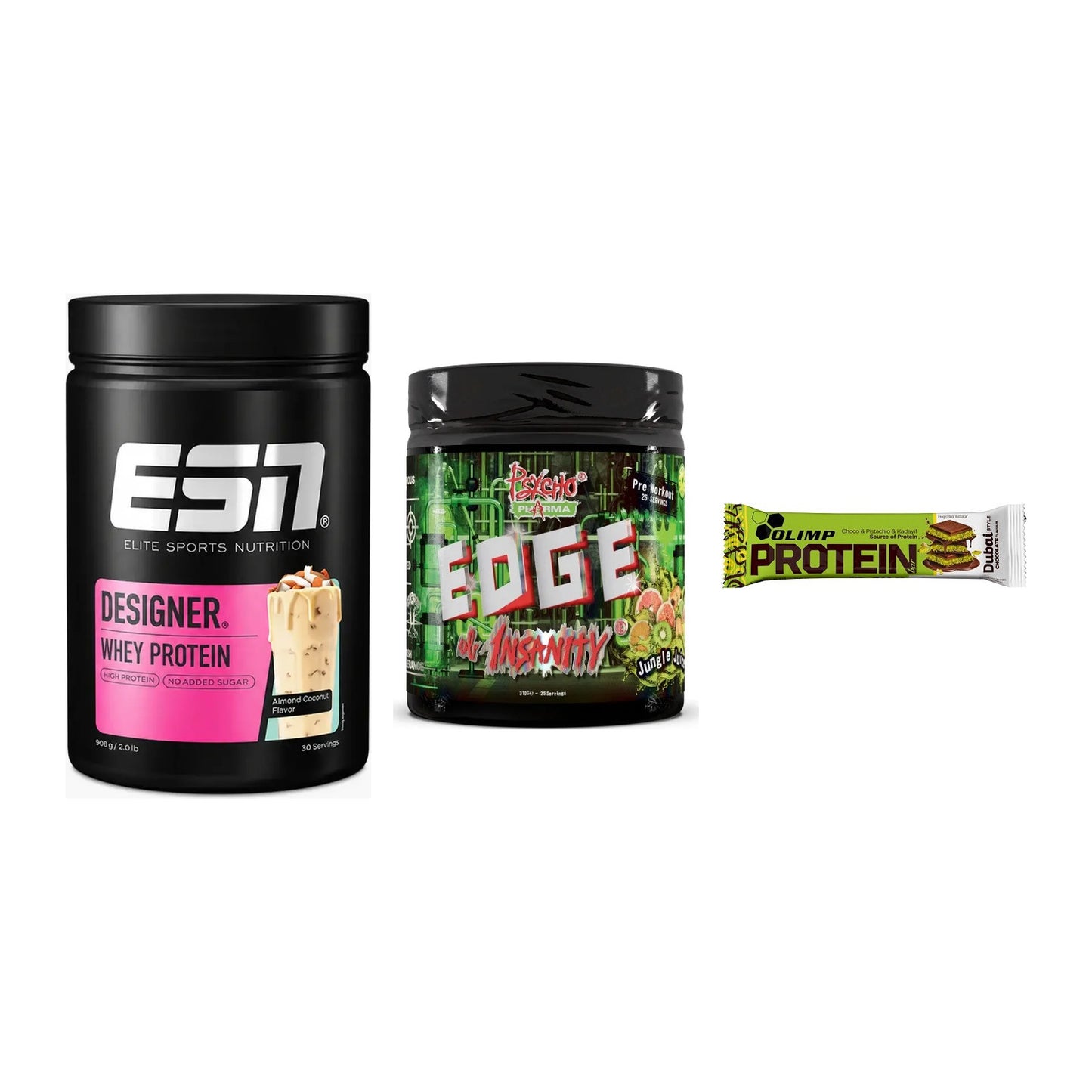 Home-Gym-Starter: ESN Designer + Psycho Pharma + 5× Olimp Protein – alle enthaltenen Artikel