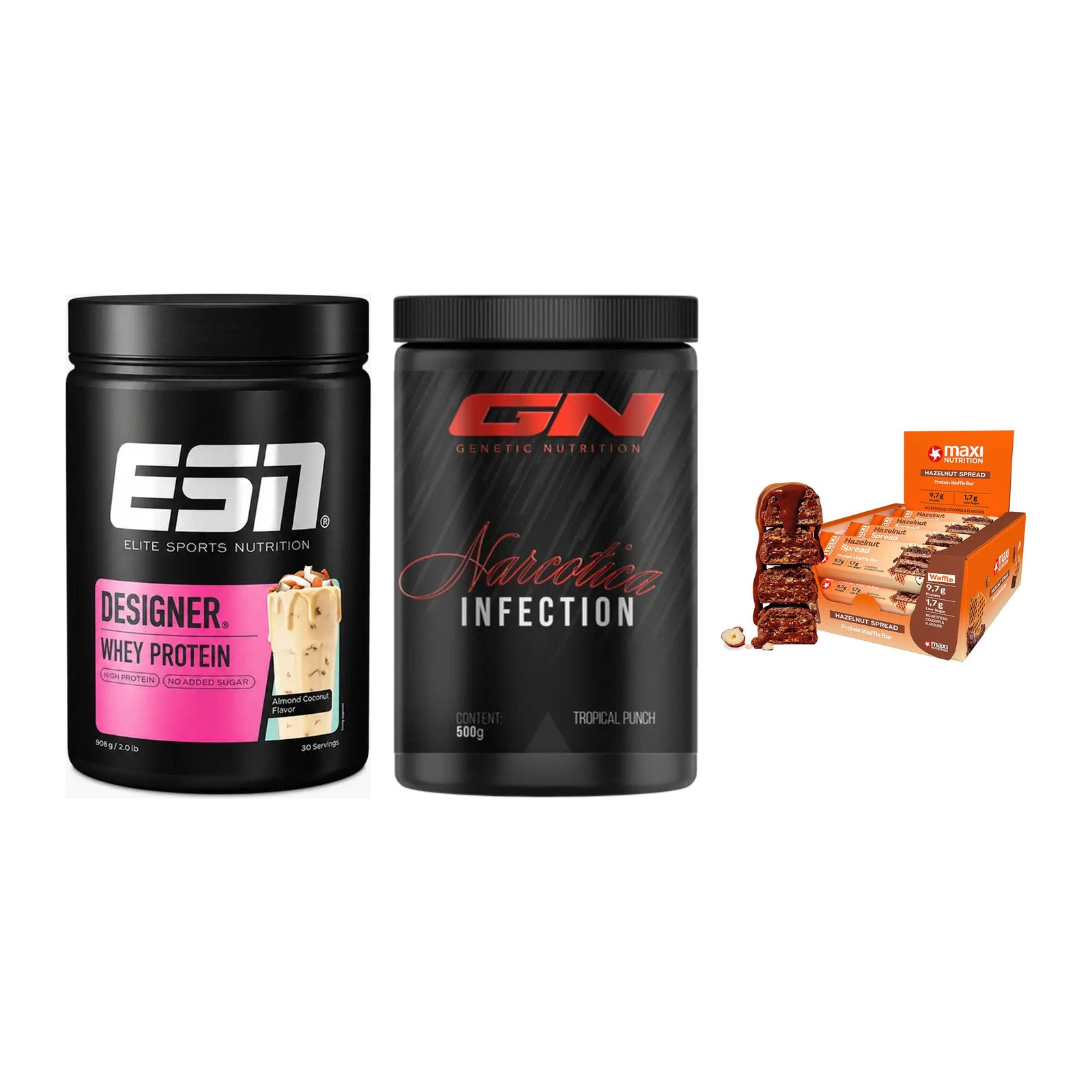Home-Gym-Starter: ESN Designer + GN Narcotica + 5× MaxiNutrition – alle enthaltenen Artikel