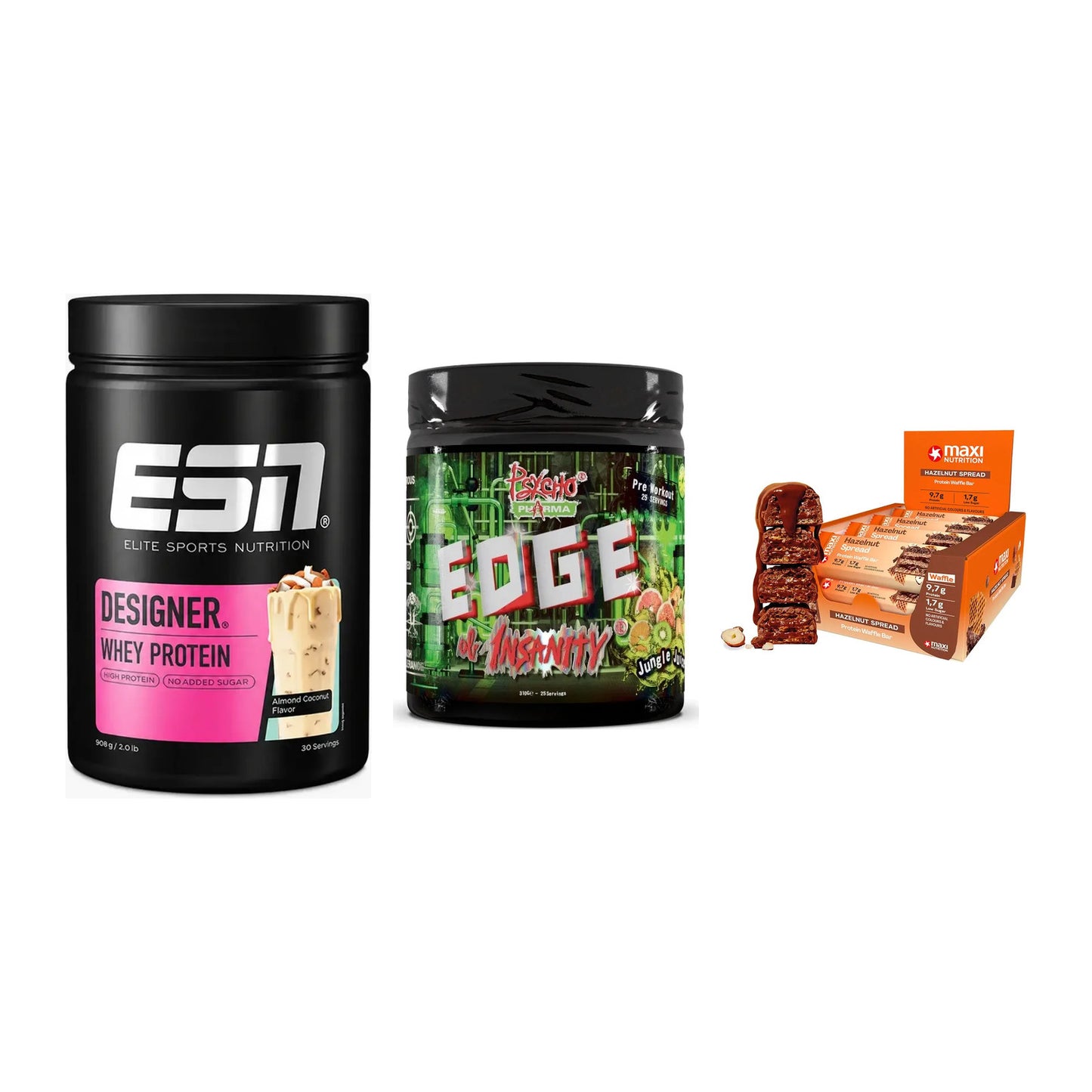 Home-Gym-Starter: ESN Designer + Psycho Pharma + 5× MaxiNutrition – alle enthaltenen Artikel