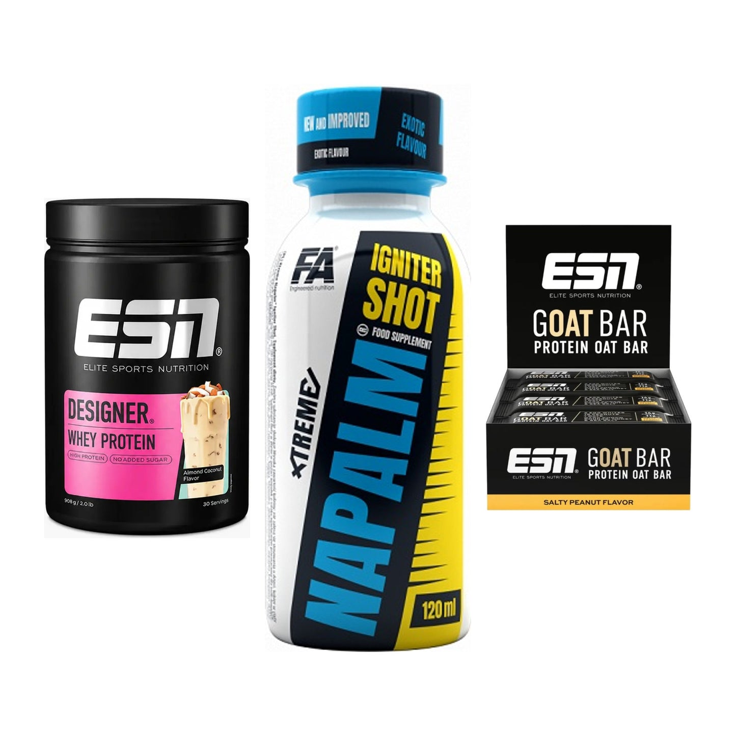 Home-Gym-Starter: ESN Designer + FA Nutrition + 5× ESN Goat Bar – alle enthaltenen Artikel