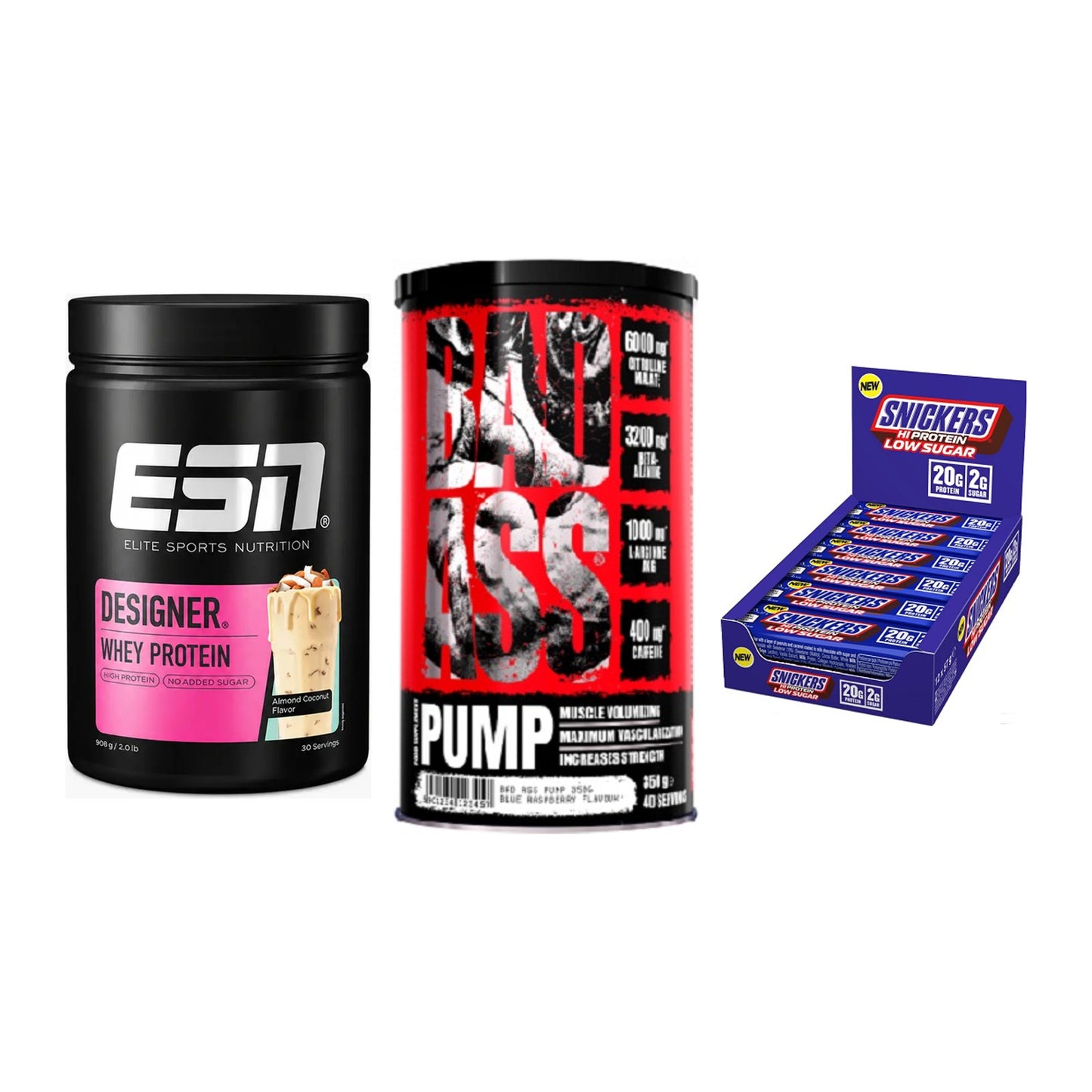Home-Gym-Starter: ESN Designer + BAD ASS Pump + 5× Snickers LOW – alle enthaltenen Artikel