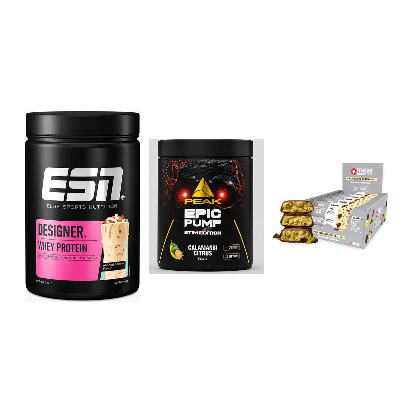 Home-Gym-Starter: ESN Designer + Peak Epic Pump + 5× MaxiNutrition – alle enthaltenen Artikel