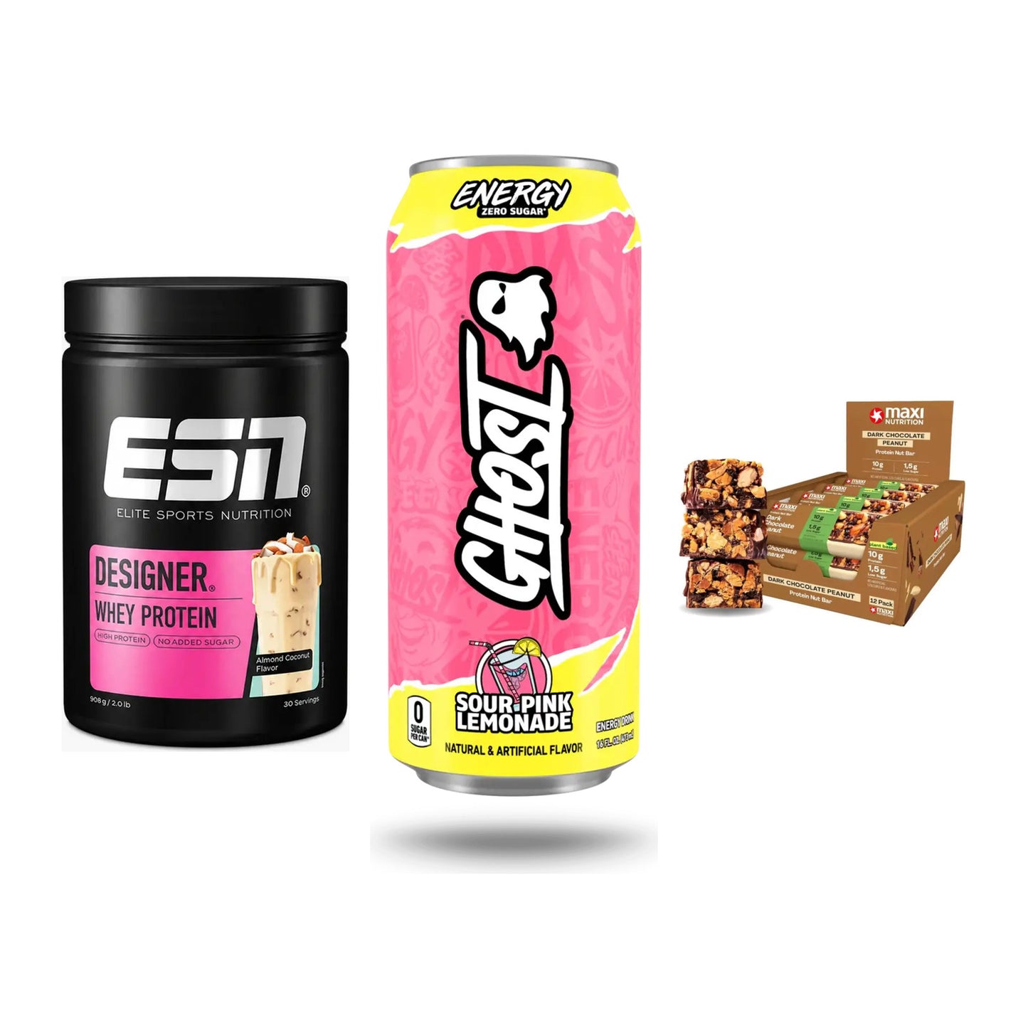 Home-Gym-Starter: ESN Designer + Ghost Energy + 5× MaxiNutrition – alle enthaltenen Artikel