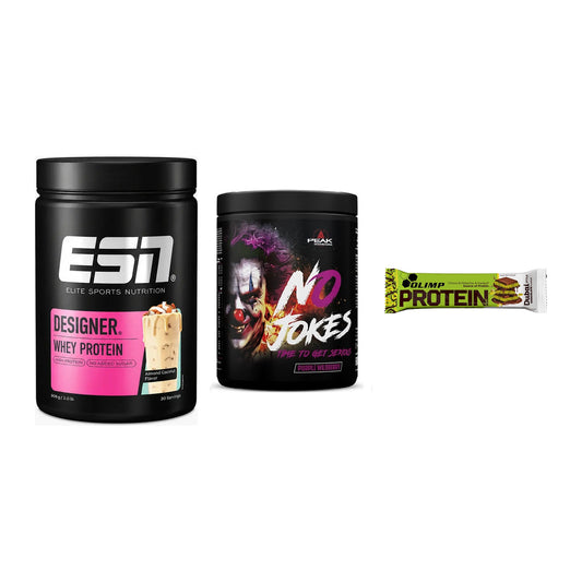 Home-Gym-Starter: ESN Designer + Peak No Jokes + 5× Olimp Protein – alle enthaltenen Artikel