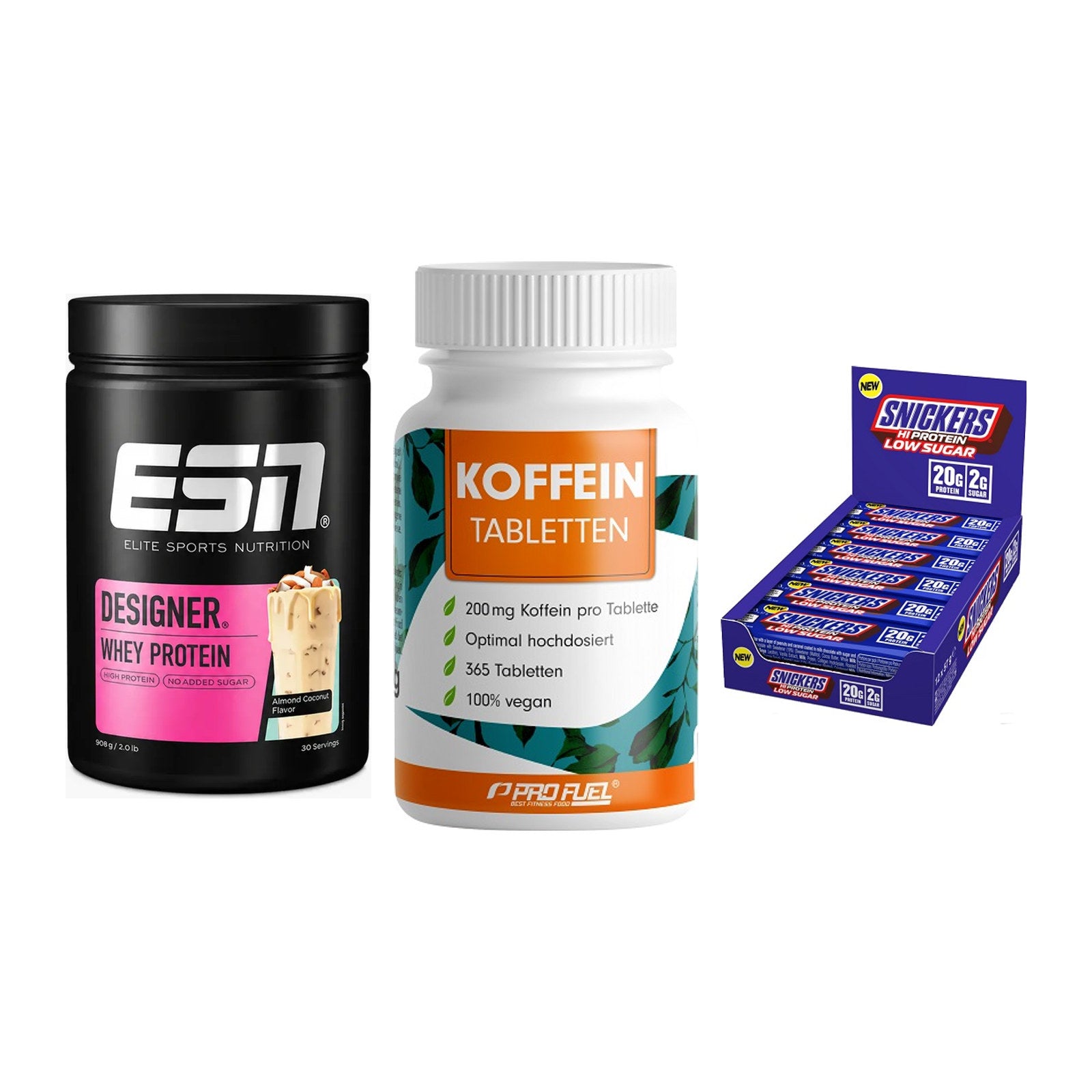 Home-Gym-Starter: ESN Designer + ProFuel Koffein + 5× Snickers LOW – alle enthaltenen Artikel