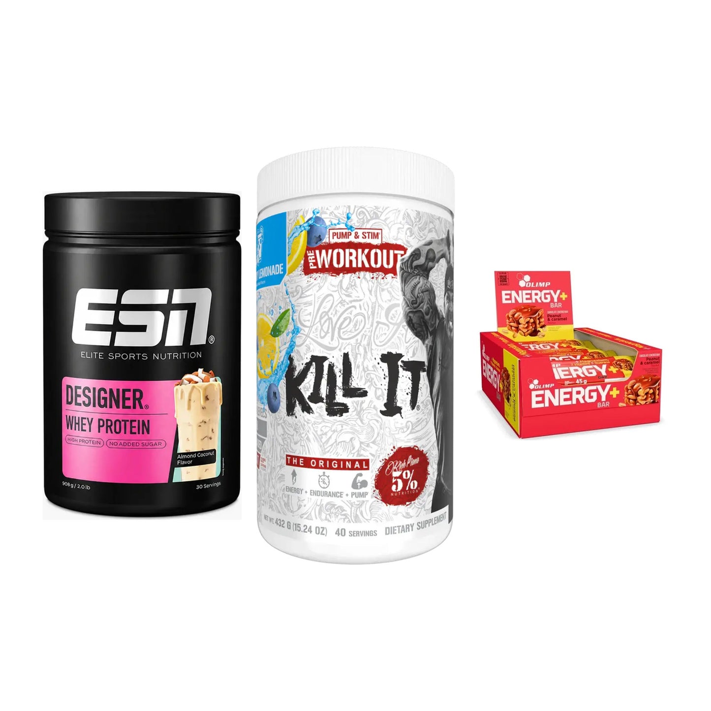 Home-Gym-Starter: ESN Designer + Rich Piana 5% + 5× Olimp Energy – alle enthaltenen Artikel