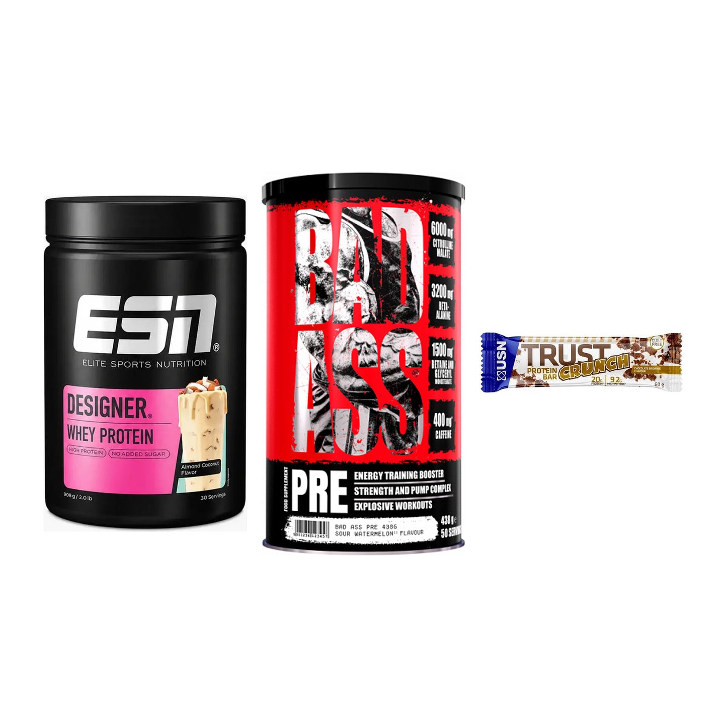 Home-Gym-Starter: ESN Designer + BAD ASS Pre + 5× USN TRUST – alle enthaltenen Artikel