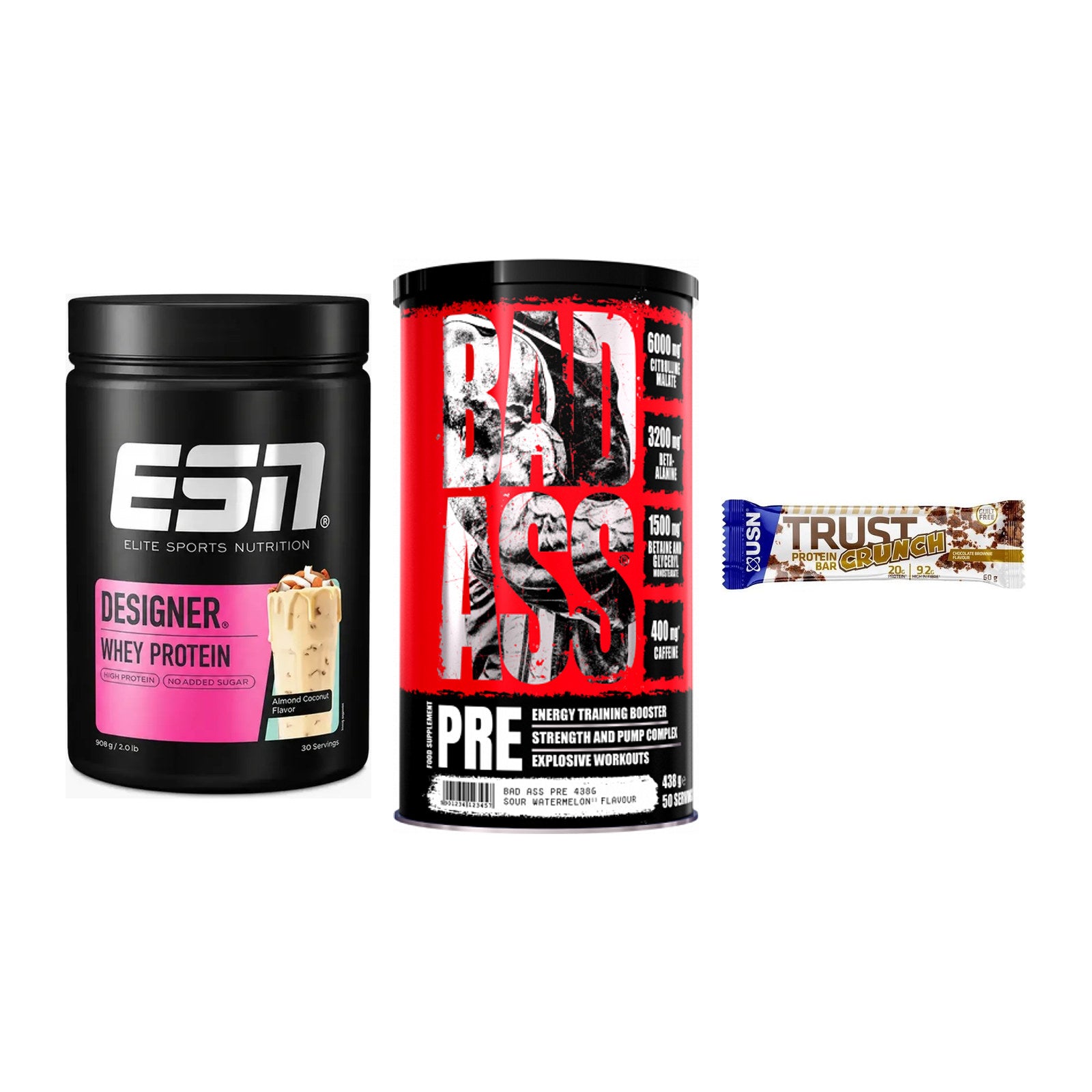 Home-Gym-Starter: ESN Designer + BAD ASS Pre + 5× USN TRUST – alle enthaltenen Artikel
