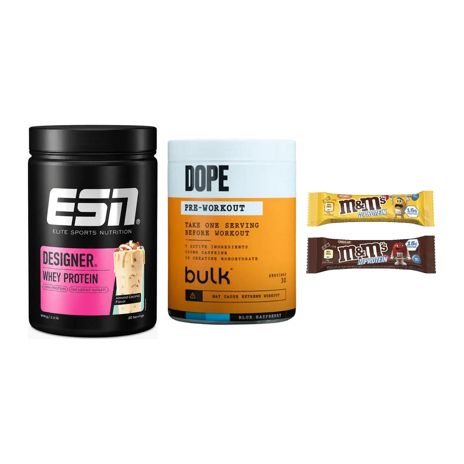 Home-Gym-Starter: ESN Designer + Bulk Dope + 5× M&M Protein Bar – alle enthaltenen Artikel