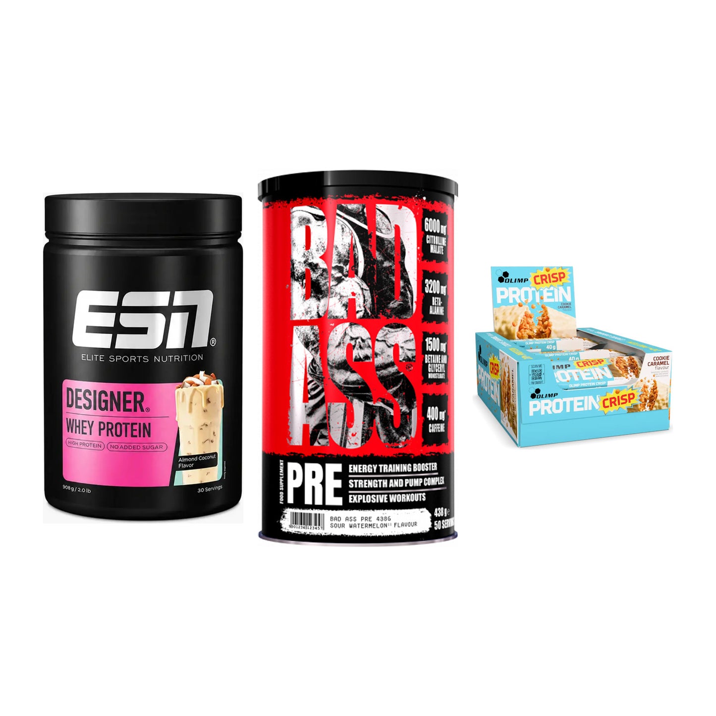 Home-Gym-Starter: ESN Designer + BAD ASS Pre + 5× Olimp Protein – alle enthaltenen Artikel