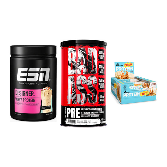 Home-Gym-Starter: ESN Designer + BAD ASS Pre + 5× Olimp Protein – alle enthaltenen Artikel