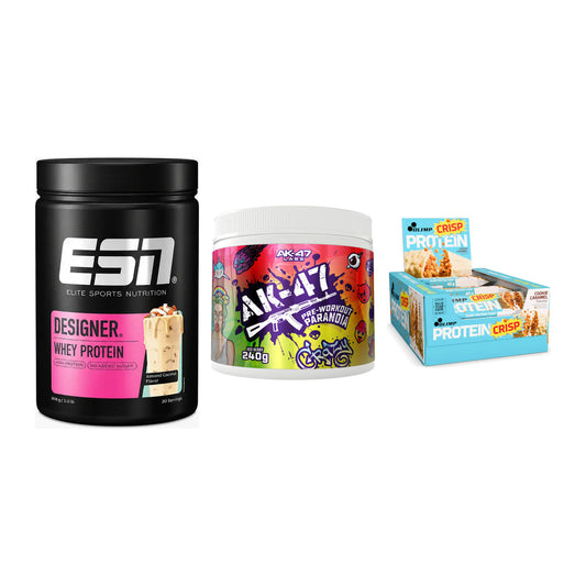 Home-Gym-Starter: ESN Designer + AK47 Labs + 5× Olimp Protein – alle enthaltenen Artikel