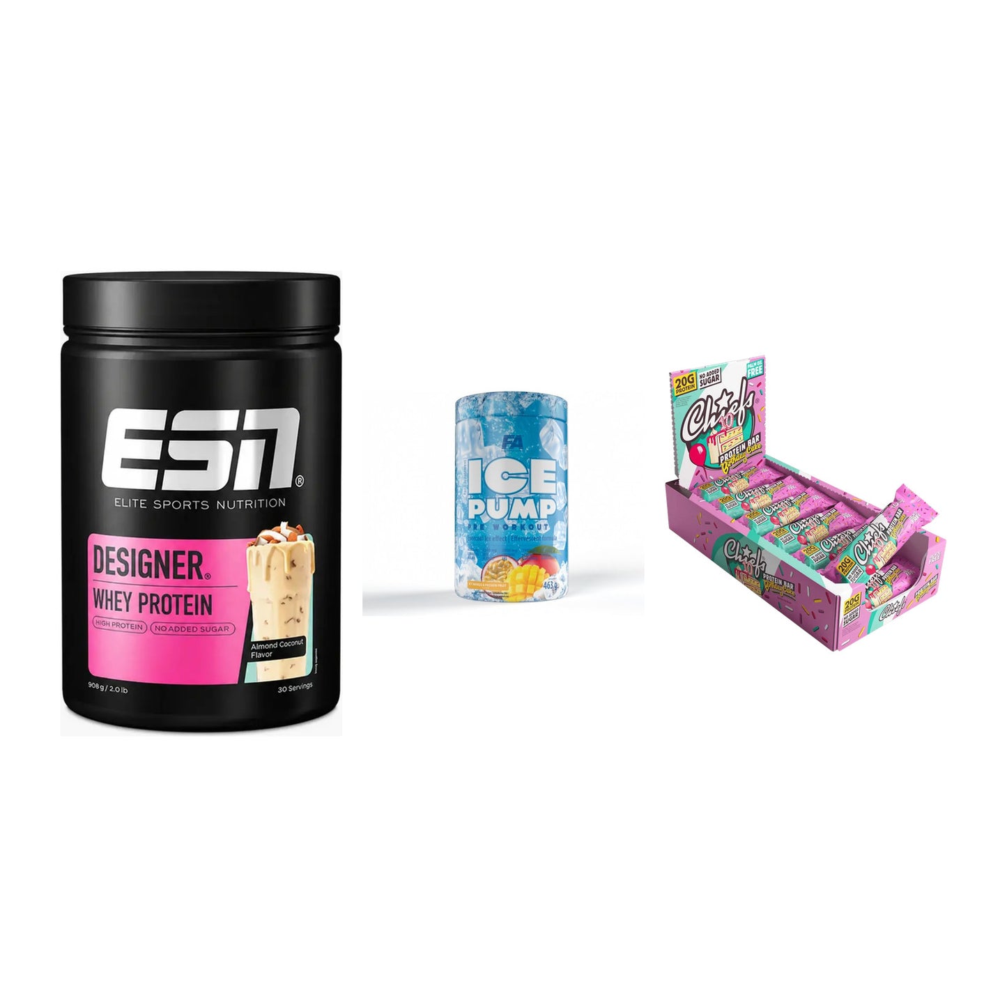 Home-Gym-Starter: ESN Designer + FA Nutrition + 5× Chiefs Protein – alle enthaltenen Artikel