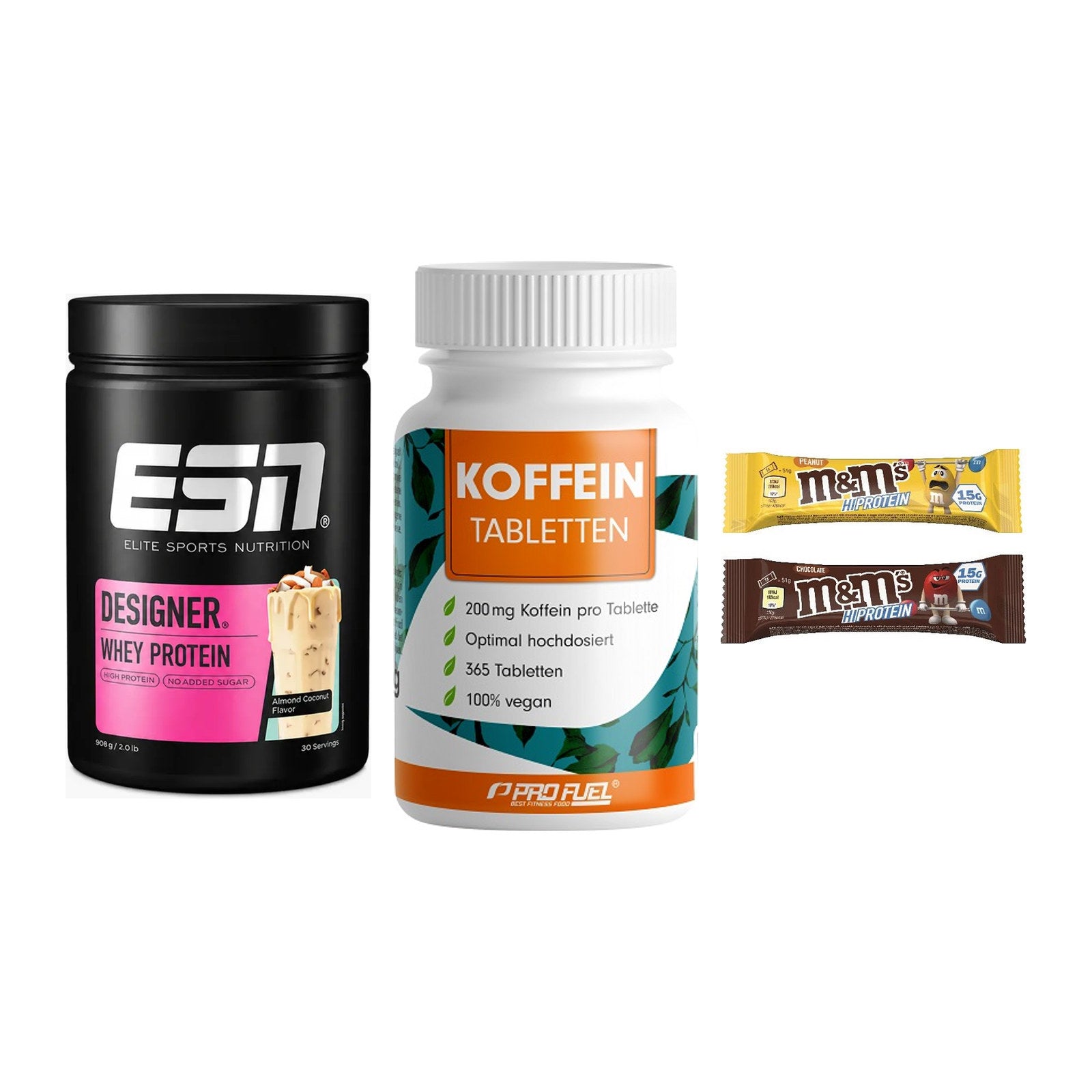 Home-Gym-Starter: ESN Designer + ProFuel Koffein + 5× M&M Protein Bar – alle enthaltenen Artikel