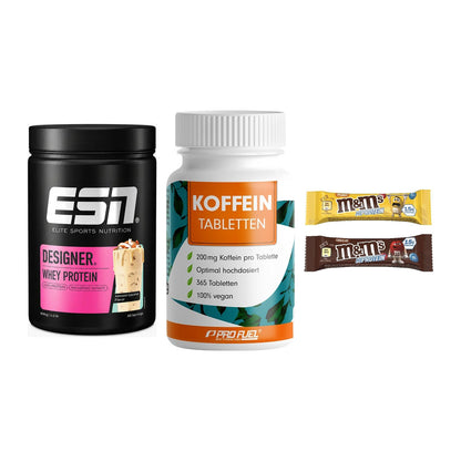 Home-Gym-Starter: ESN Designer + ProFuel Koffein + 5× M&M Protein Bar – alle enthaltenen Artikel