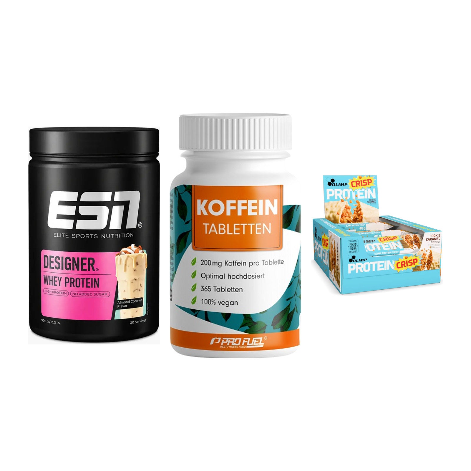 Home-Gym-Starter: ESN Designer + ProFuel Koffein + 5× Olimp Protein – alle enthaltenen Artikel