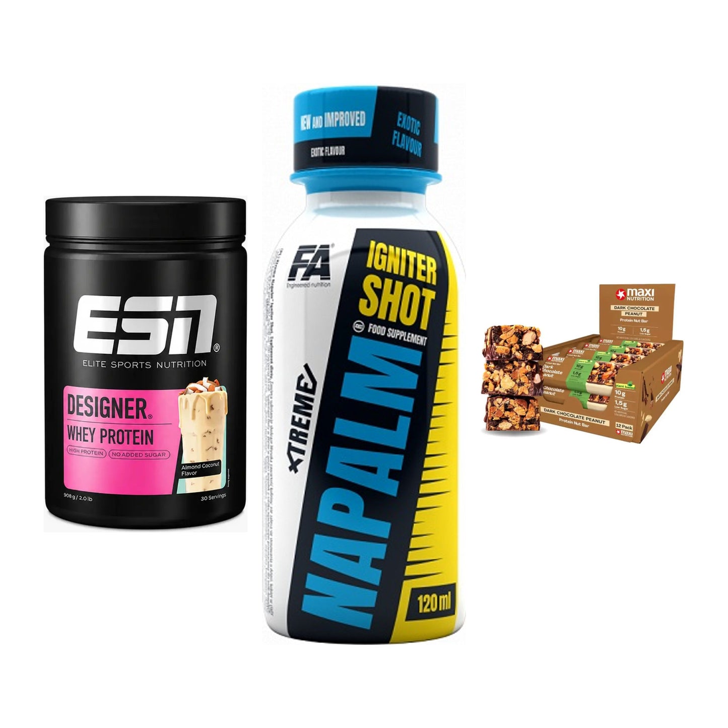 Home-Gym-Starter: ESN Designer + FA Nutrition + 5× MaxiNutrition – alle enthaltenen Artikel