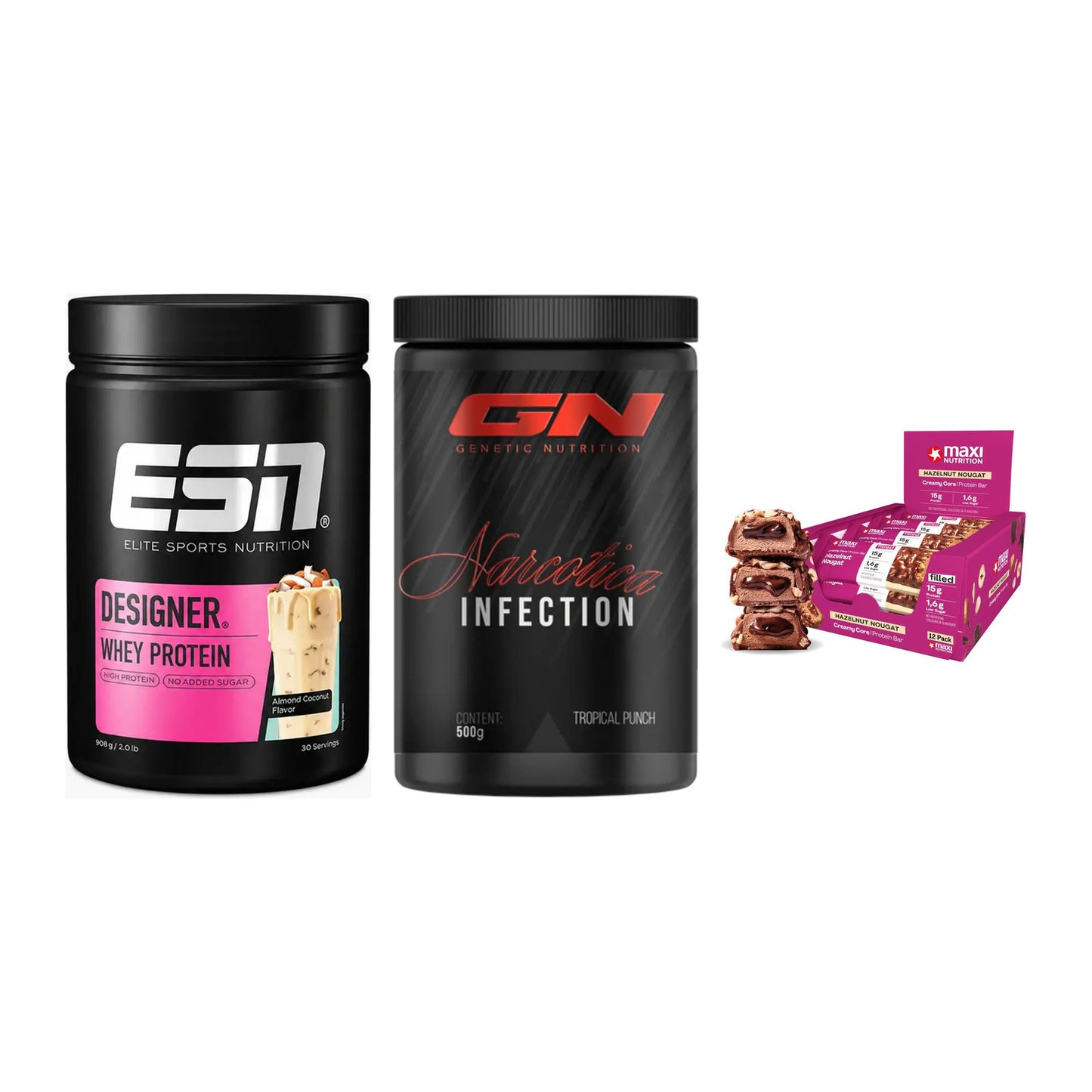 Home-Gym-Starter: ESN Designer + GN Narcotica + 5× MaxiNutrition – alle enthaltenen Artikel