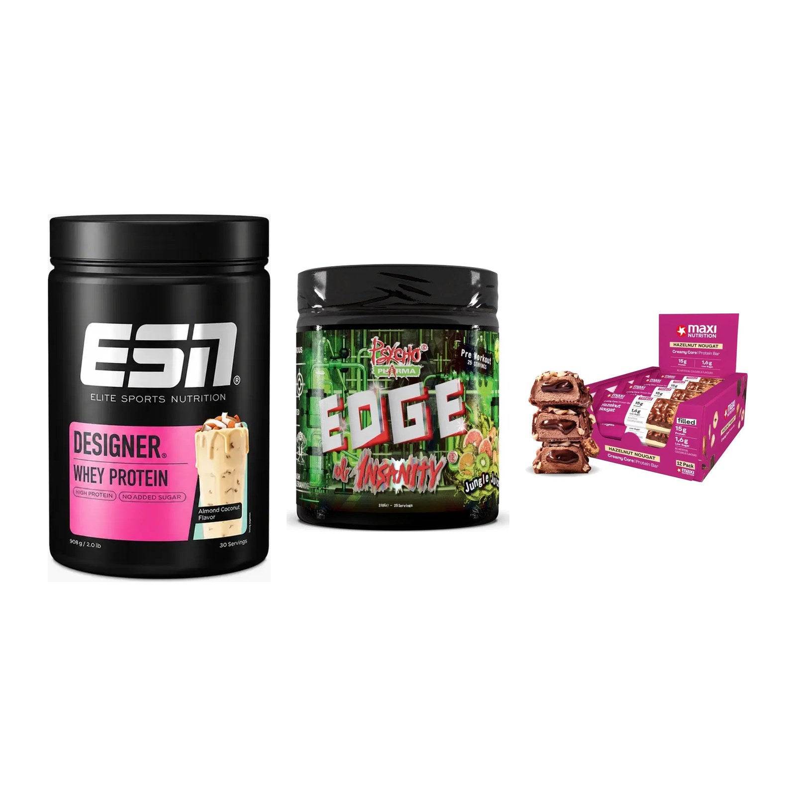 Home-Gym-Starter: ESN Designer + Psycho Pharma + 5× MaxiNutrition – alle enthaltenen Artikel
