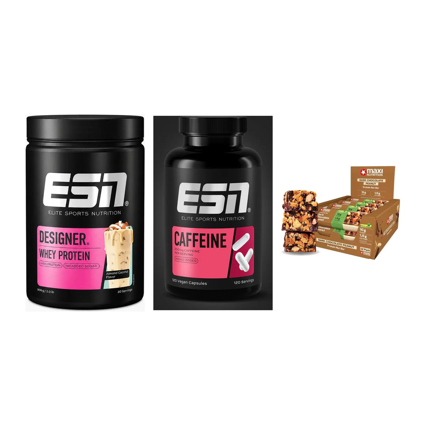 Home-Gym-Starter: ESN Designer + ESN Caffeine + 5× MaxiNutrition – alle enthaltenen Artikel
