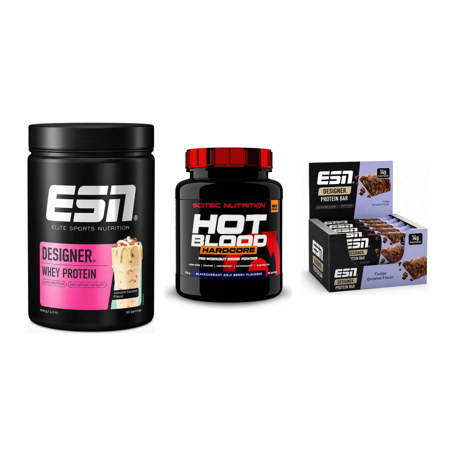 Home-Gym-Starter: ESN Designer Whey + Scitec Hot Blood + 1 weitere – alle enthaltenen Artikel