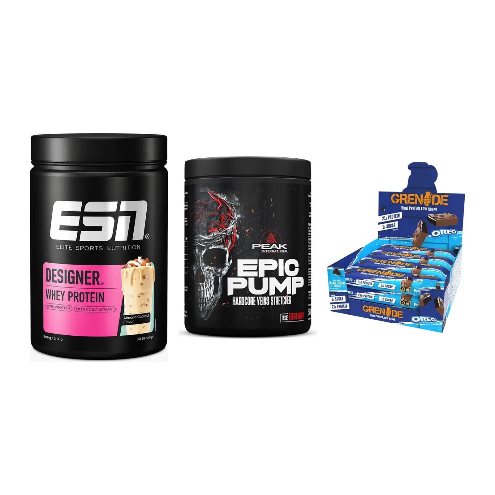 Home-Gym-Starter: ESN Designer + Peak EPIC Pump + 5× Grenade Protein – alle enthaltenen Artikel