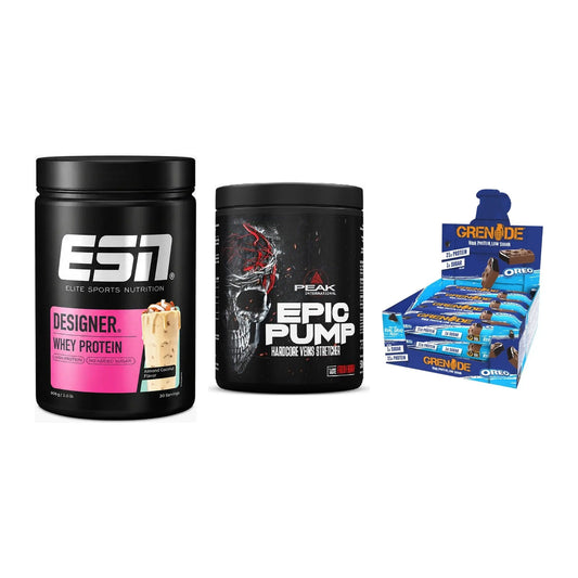 Home-Gym-Starter: ESN Designer + Peak EPIC Pump + 5× Grenade Protein – alle enthaltenen Artikel