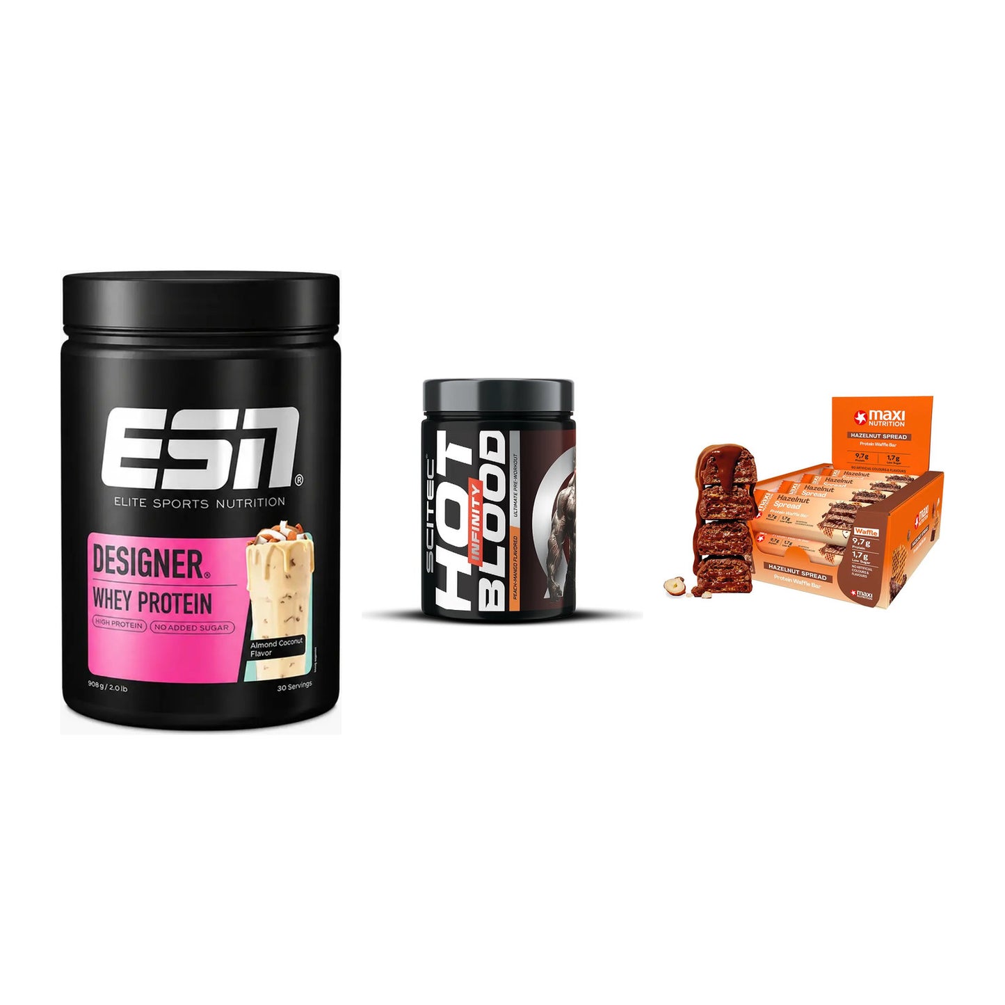 Home-Gym-Starter: ESN Designer + Scitec Hot + 5× MaxiNutrition – alle enthaltenen Artikel