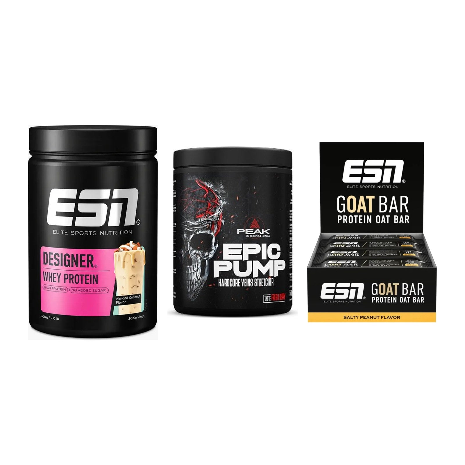 Home-Gym-Starter: ESN Designer Whey + Peak EPIC Pump + 5× ESN Goat Bar – alle enthaltenen Artikel