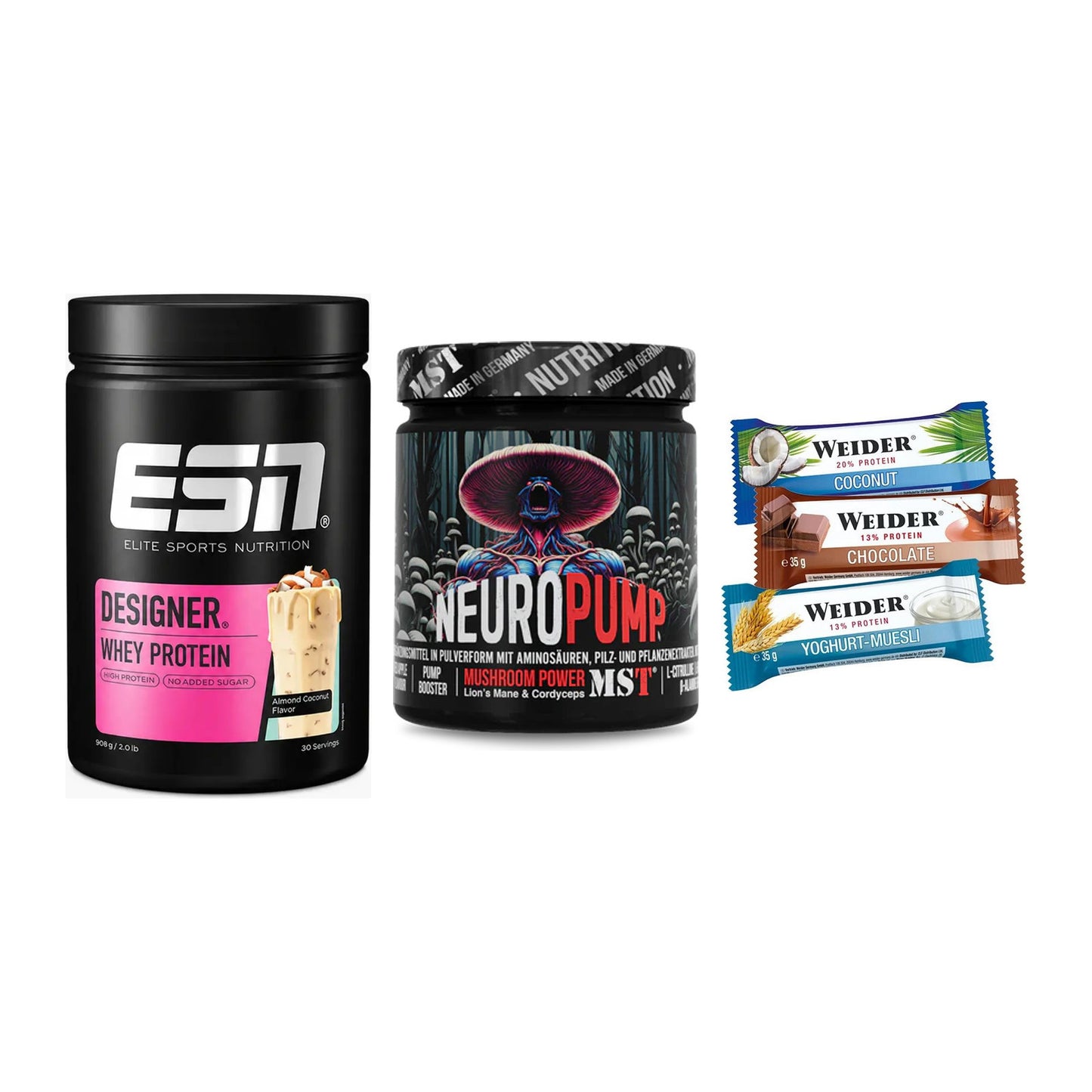 Home-Gym-Starter: ESN Designer Whey + MST NeuroPump + 5× Weider BAR – alle enthaltenen Artikel