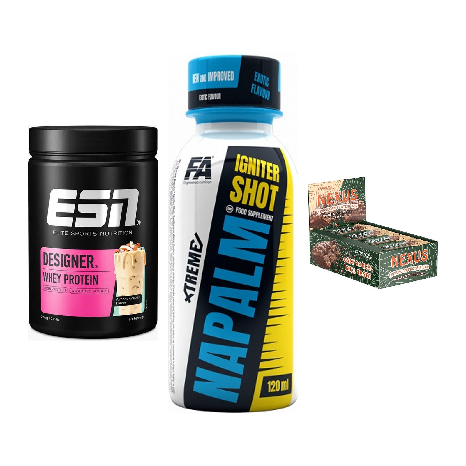 Home-Gym-Starter: ESN Designer + FA Nutrition + 5× ProFuel Nexus – alle enthaltenen Artikel