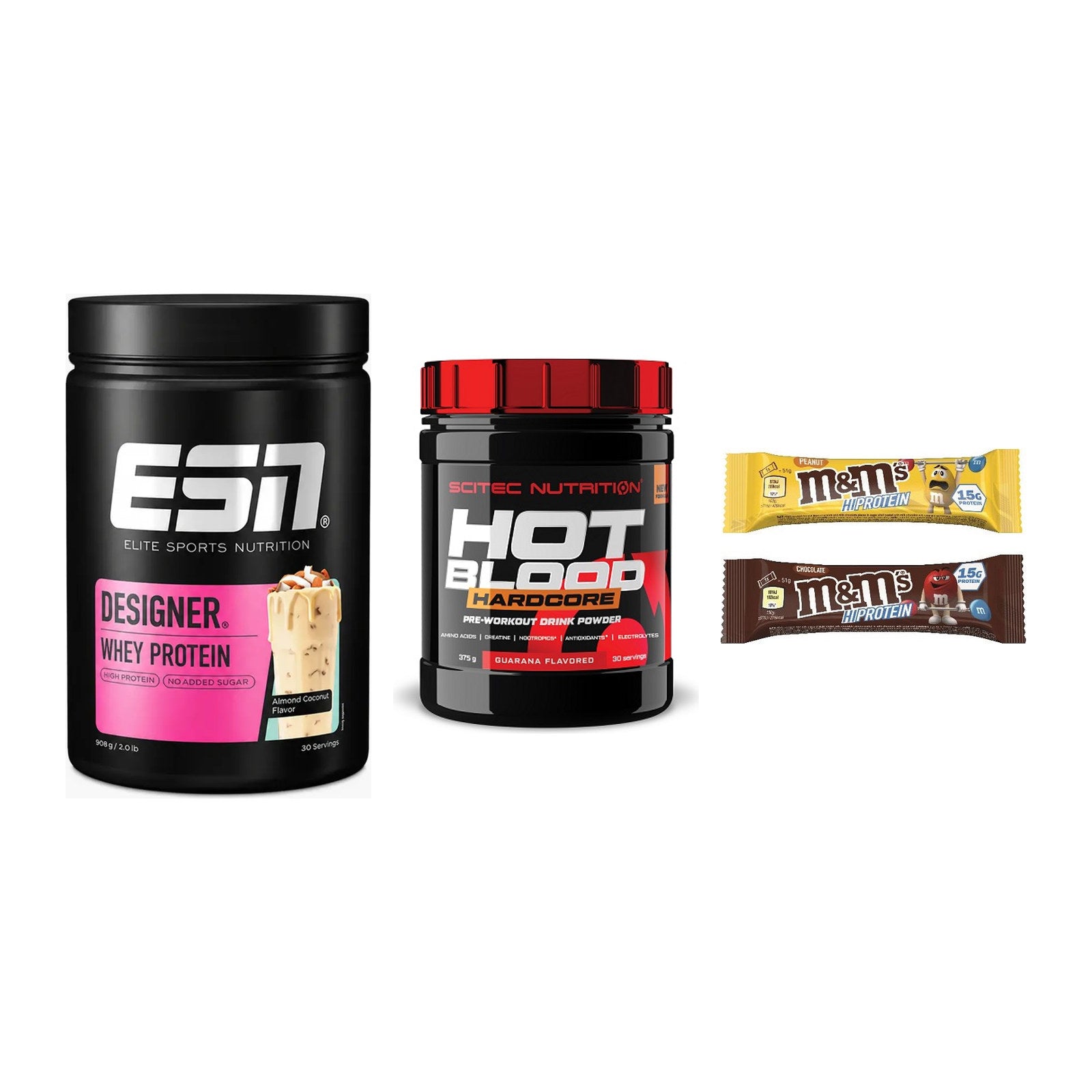 Home-Gym-Starter: ESN Designer + Scitec Hot + 5× M&M Protein Bar – alle enthaltenen Artikel