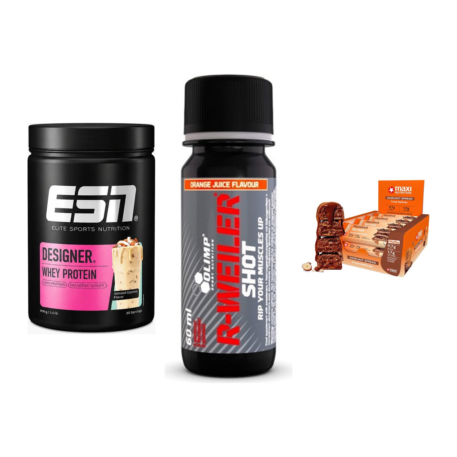 Home-Gym-Starter: ESN Designer + Olimp R-Weiler + 5× MaxiNutrition – alle enthaltenen Artikel