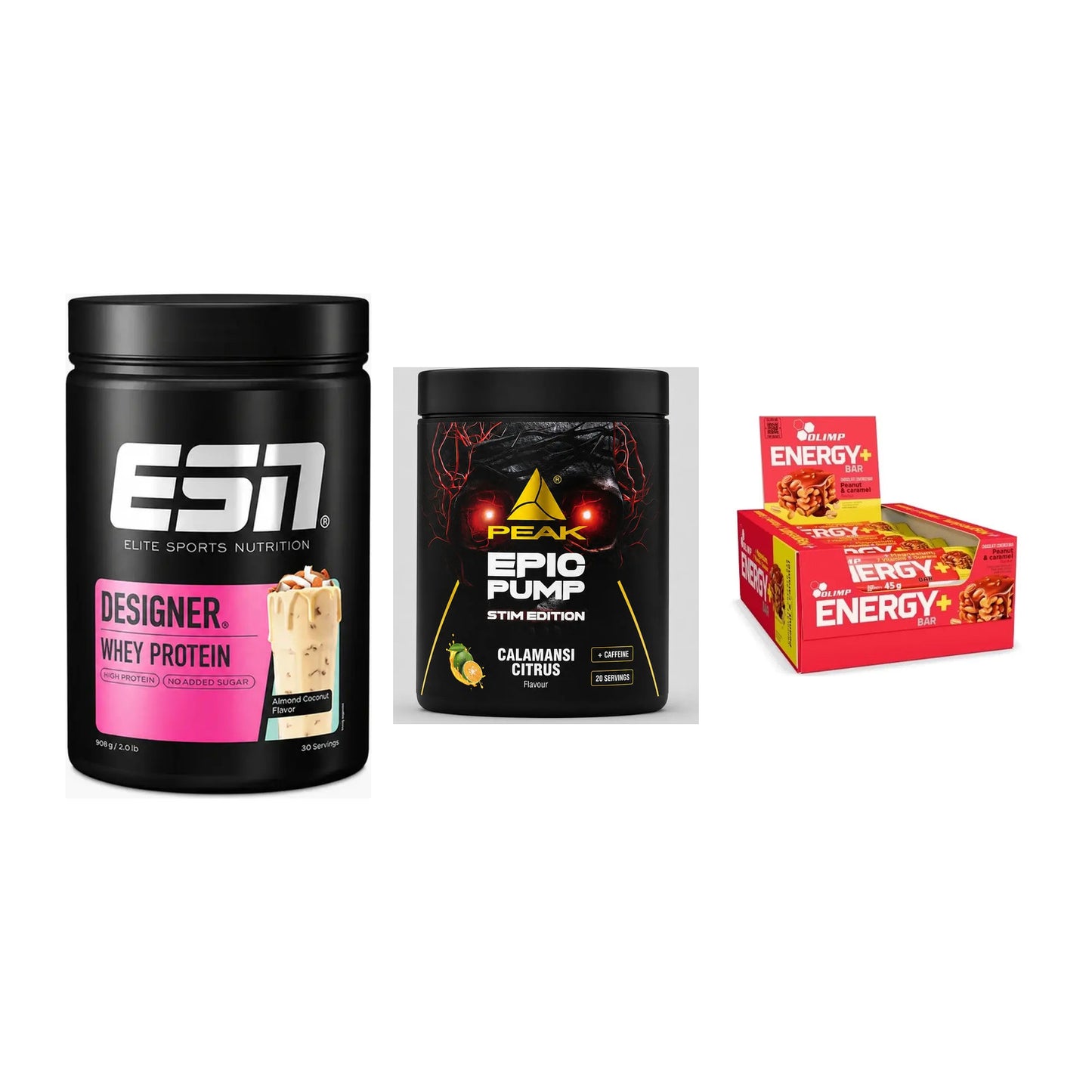 Home-Gym-Starter: ESN Designer + Peak Epic Pump + 5× Olimp Energy – alle enthaltenen Artikel