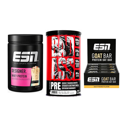 Home-Gym-Starter: ESN Designer Whey + BAD ASS Pre + 5× ESN Goat Bar – alle enthaltenen Artikel